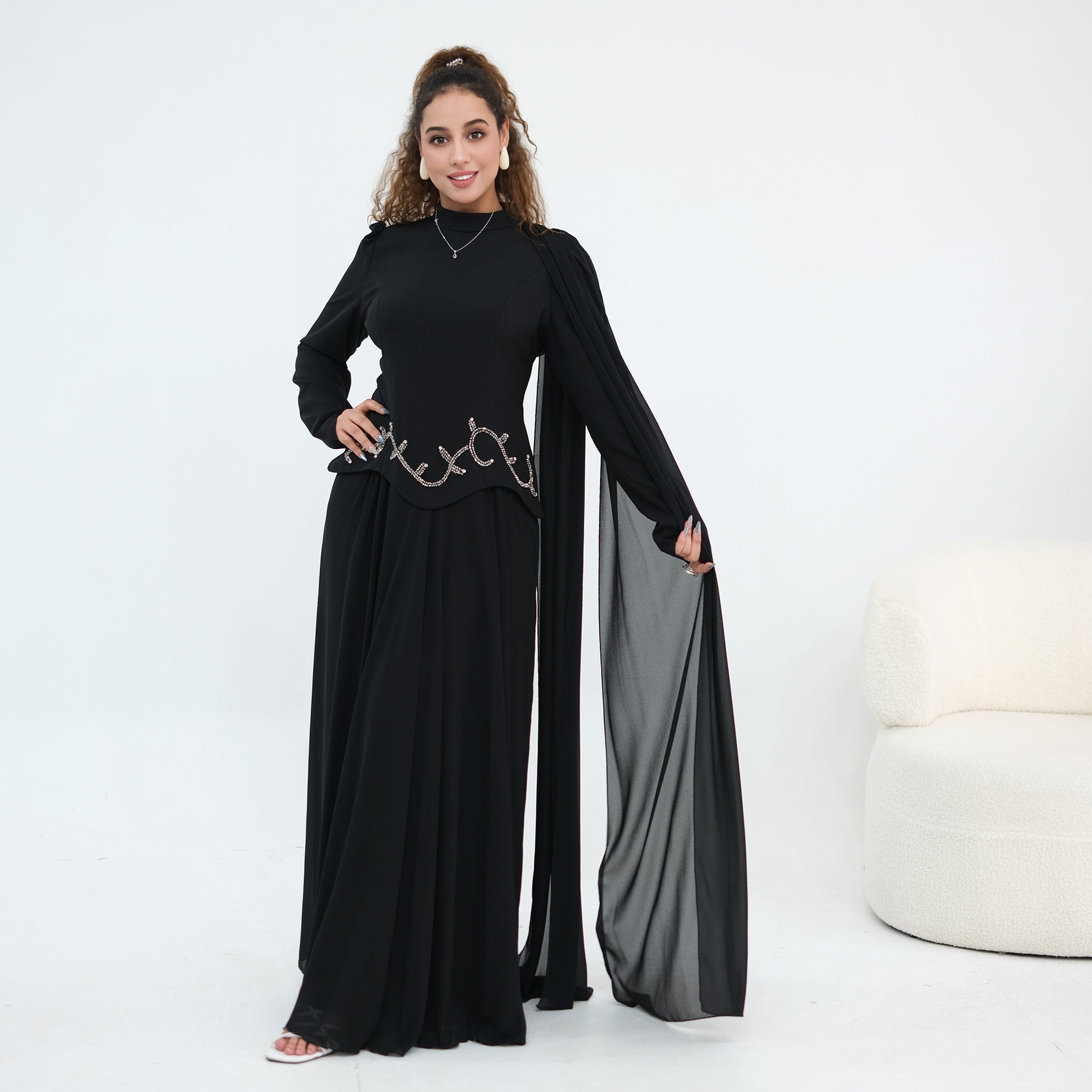 Crystal Beaded Waist Cape Sleeve Maxi Dress(MS499) - Mariam's Collection