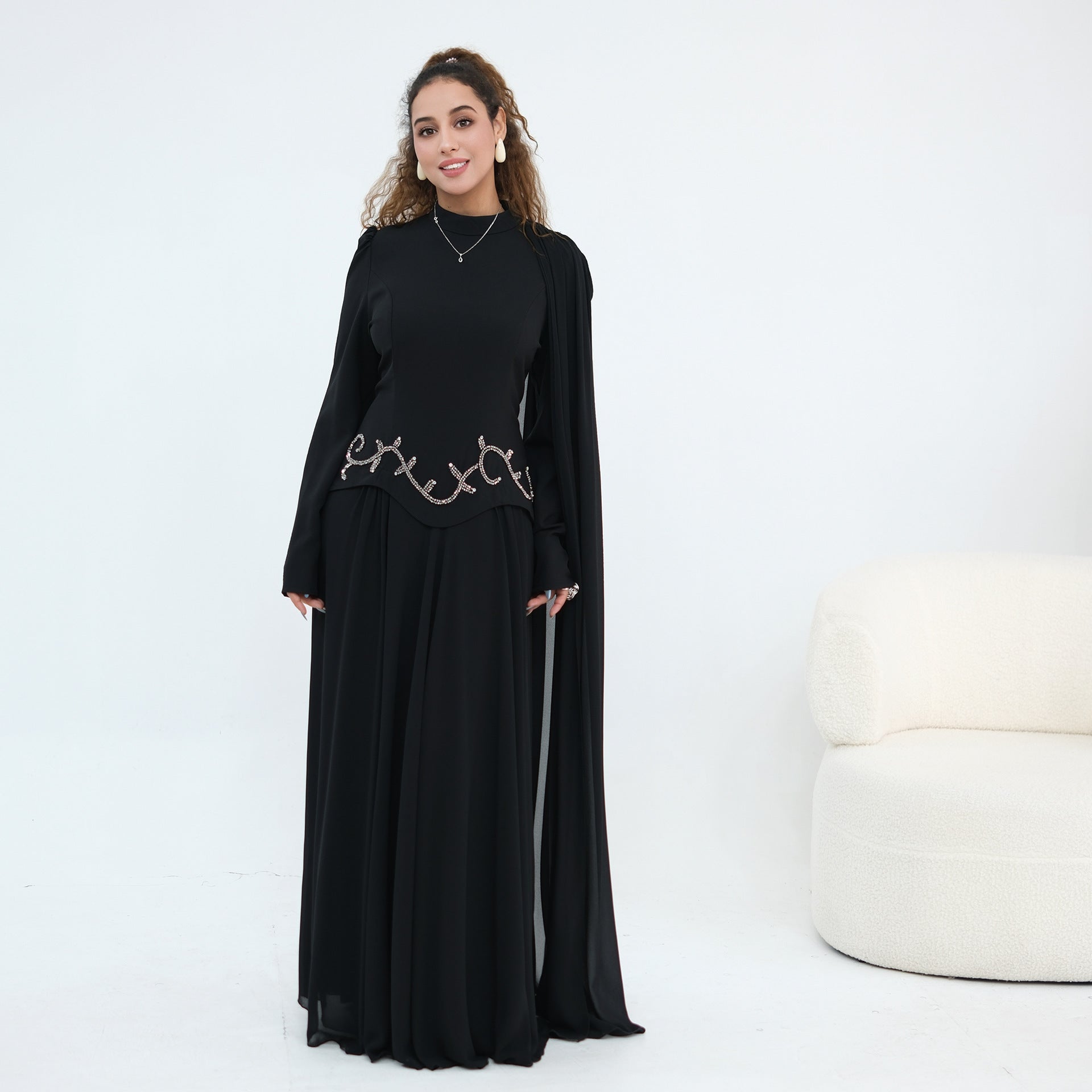 Crystal Beaded Waist Cape Sleeve Maxi Dress(MS499) - Mariam's Collection