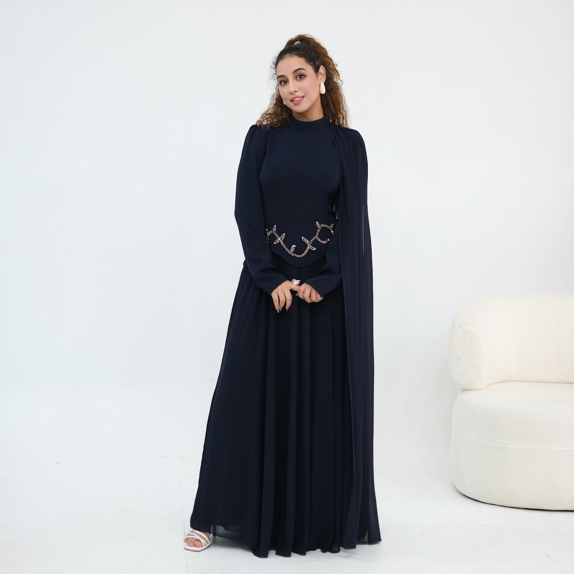 Crystal Beaded Waist Cape Sleeve Maxi Dress(MS499) - Mariam's Collection
