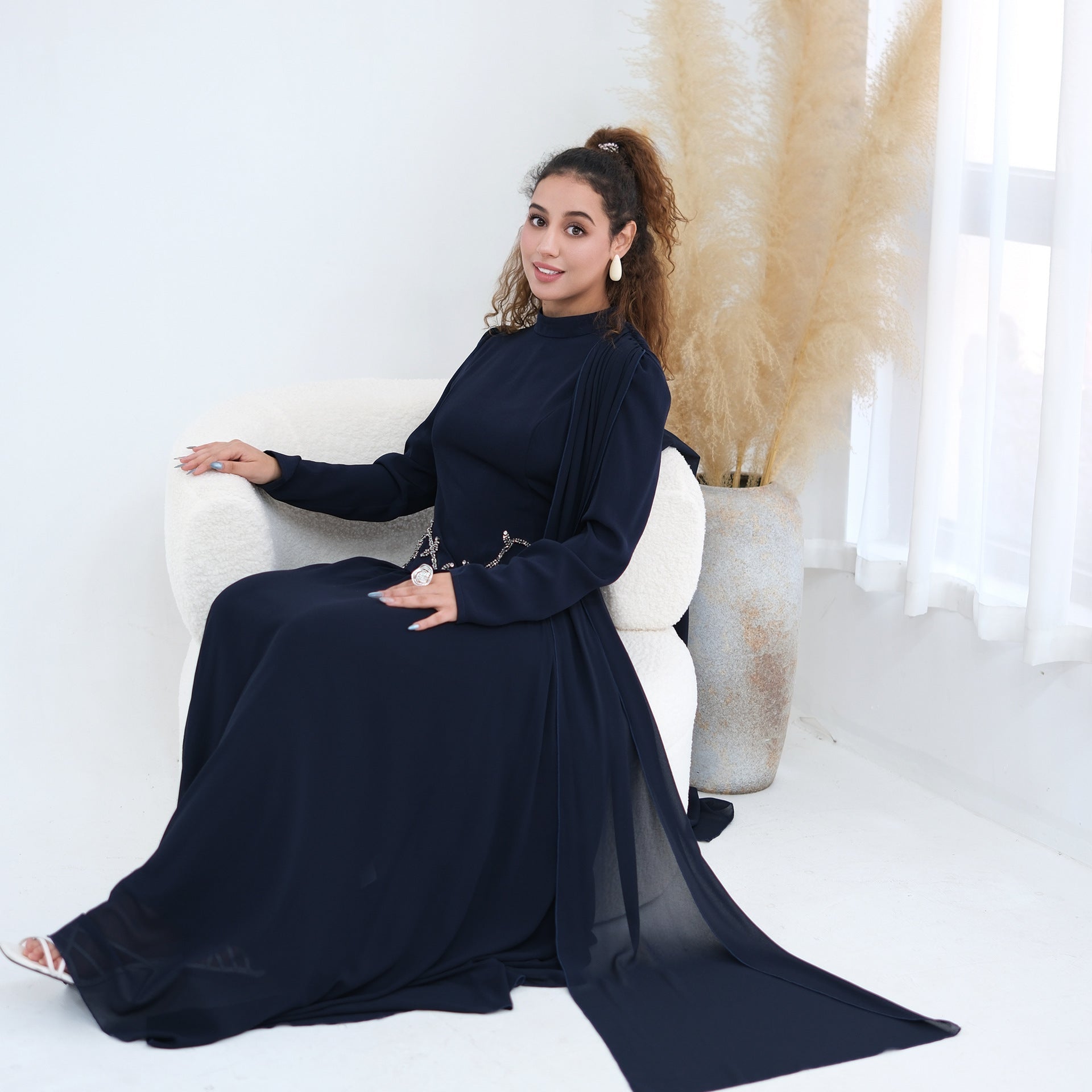Crystal Beaded Waist Cape Sleeve Maxi Dress(MS499) - Mariam's Collection