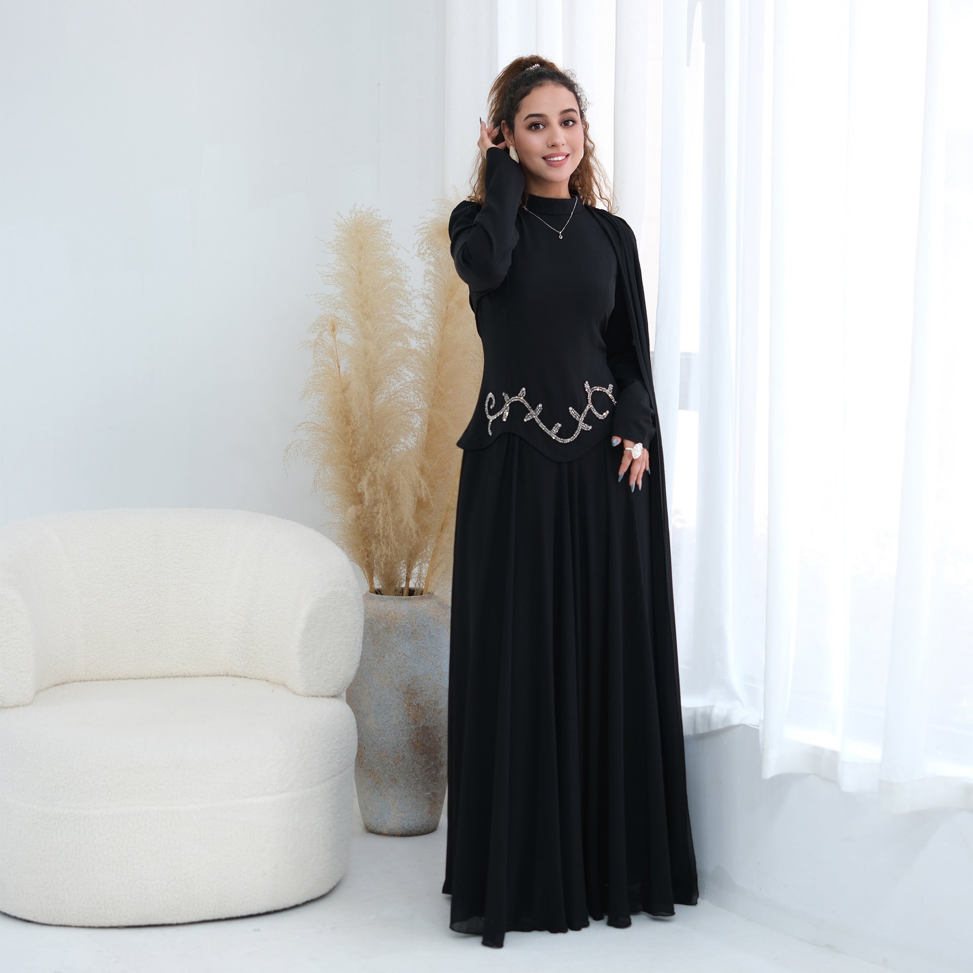 Crystal Beaded Waist Cape Sleeve Maxi Dress(MS499) - Mariam's Collection