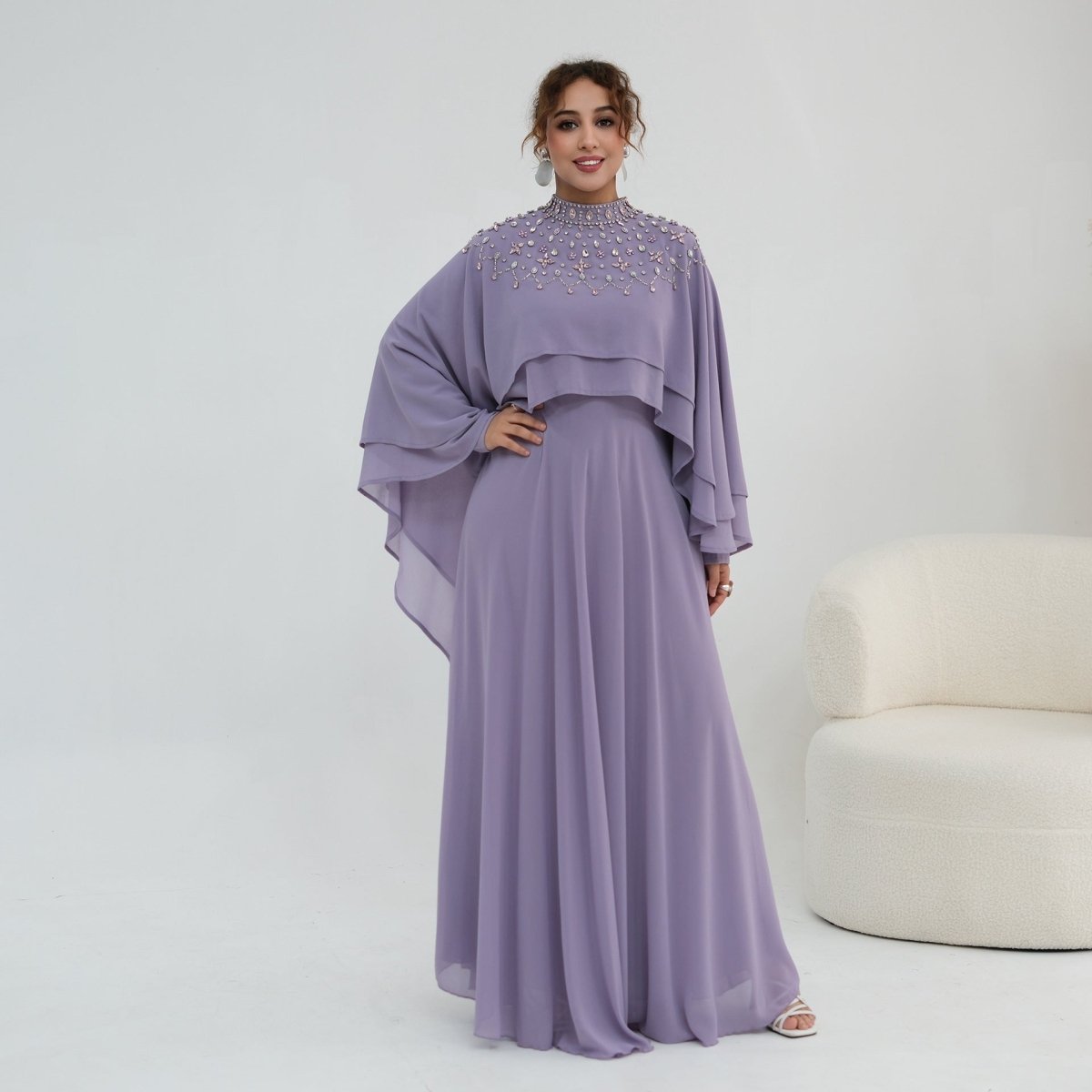 Crystal Embellished Cape Sleeve Chiffon Maxi Dress Set(MS461) - Mariam's Collection