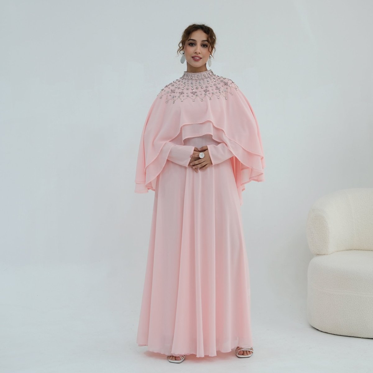 Full outfit front view of crystal cape sleeve chiffon maxi dress set styled for formal occasion