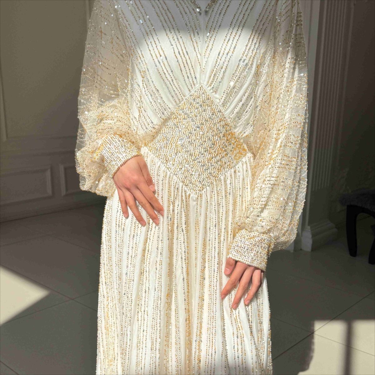 Crystal - Embellished Elegant Abaya with Defined Waist Silhouette (MA391) - Mariam's Collection