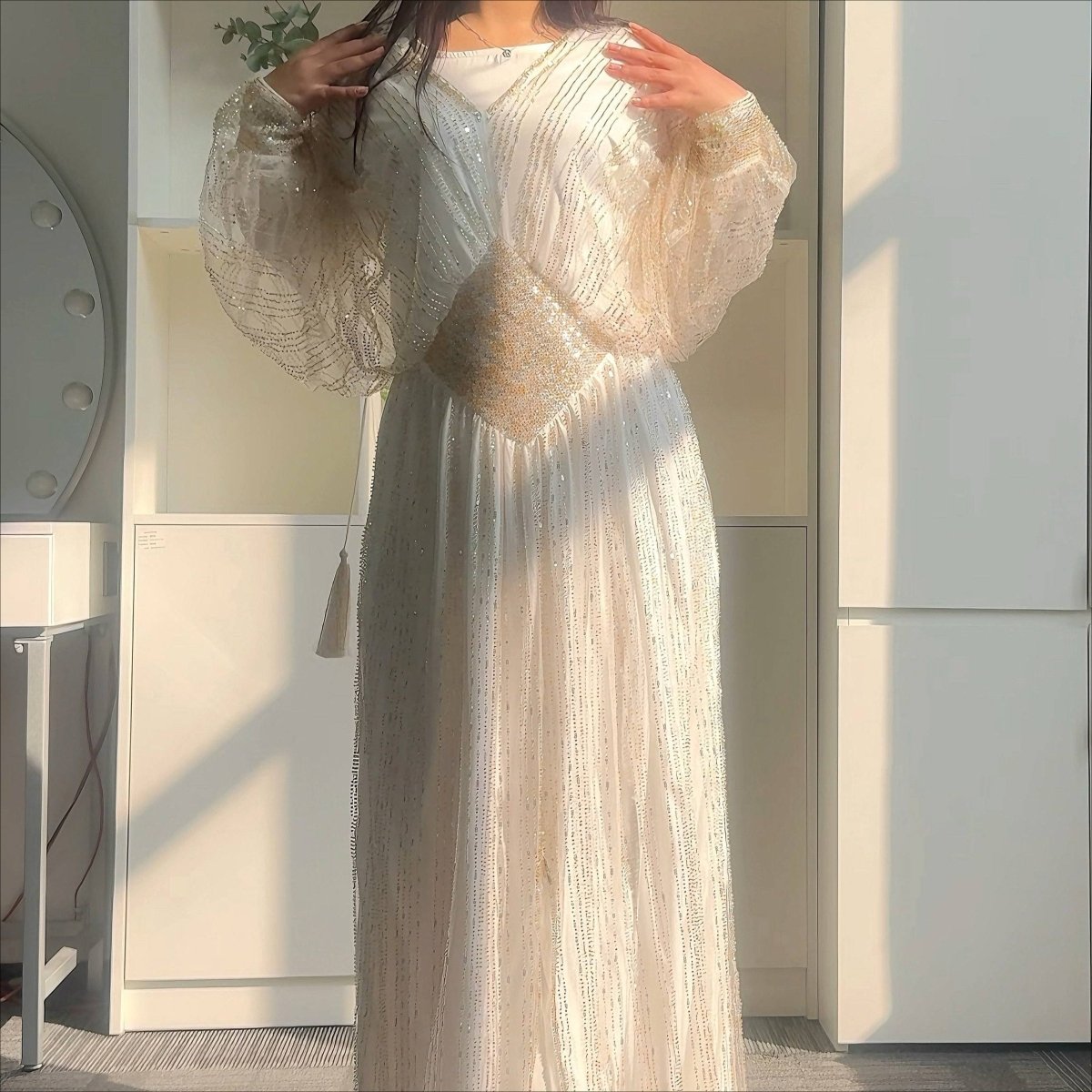 Crystal - Embellished Elegant Abaya with Defined Waist Silhouette (MA391) - Mariam's Collection