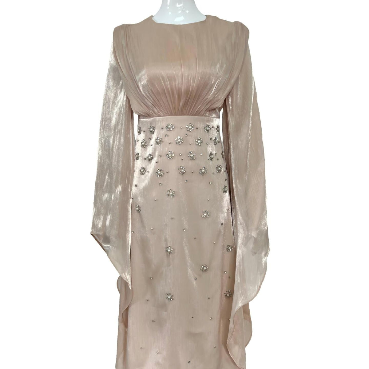 Crystal Embellished Shimmer Satin Maxi Dress(MS541) - Mariam's Collection