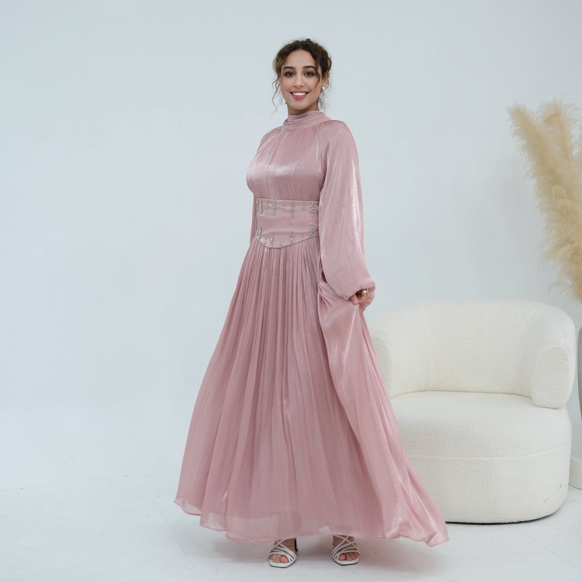Crystal-Embellished Wide Belt Puff-Sleeve Maxi Dress(MS477) - Mariam's Collection