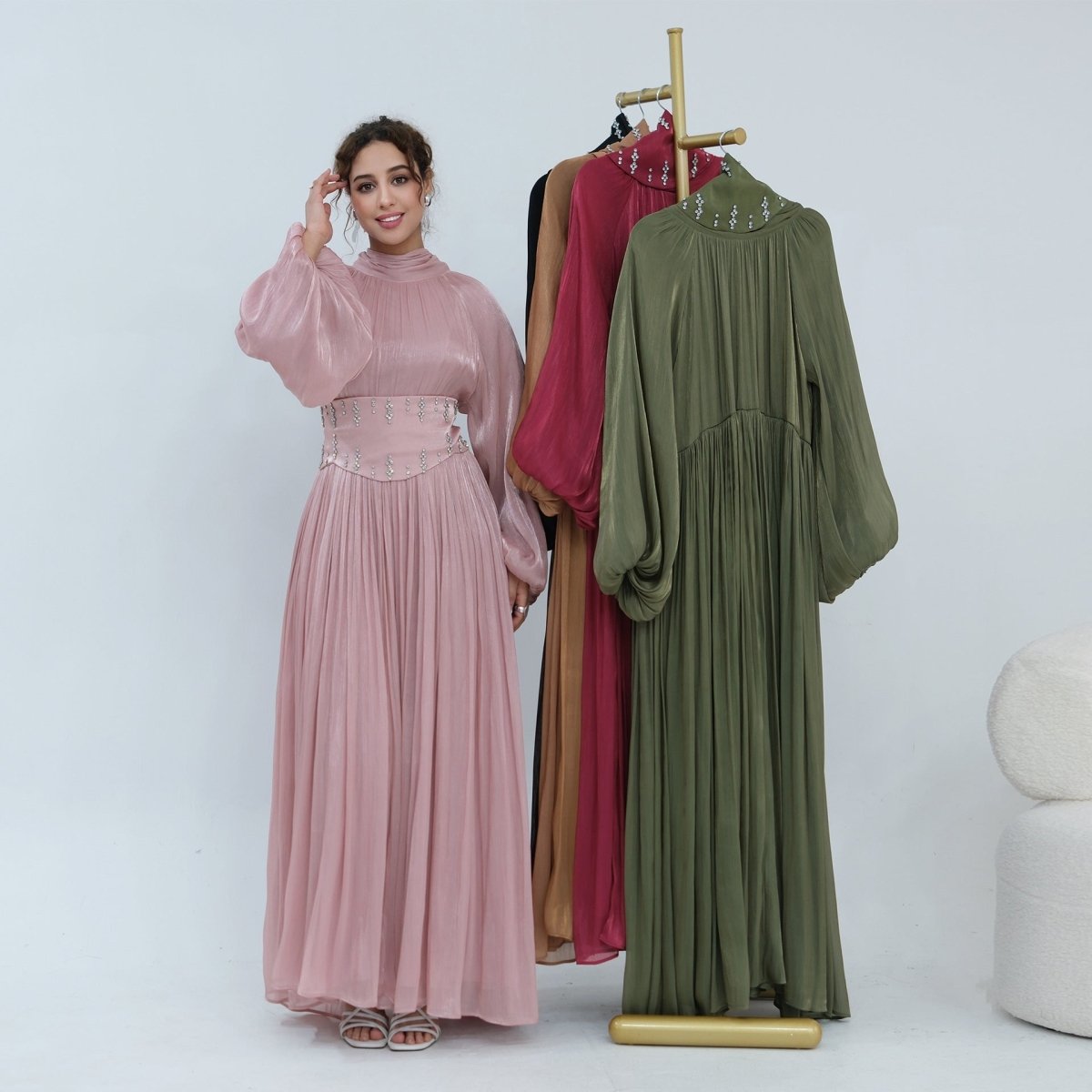 Crystal-Embellished Wide Belt Puff-Sleeve Maxi Dress(MS477) - Mariam's Collection
