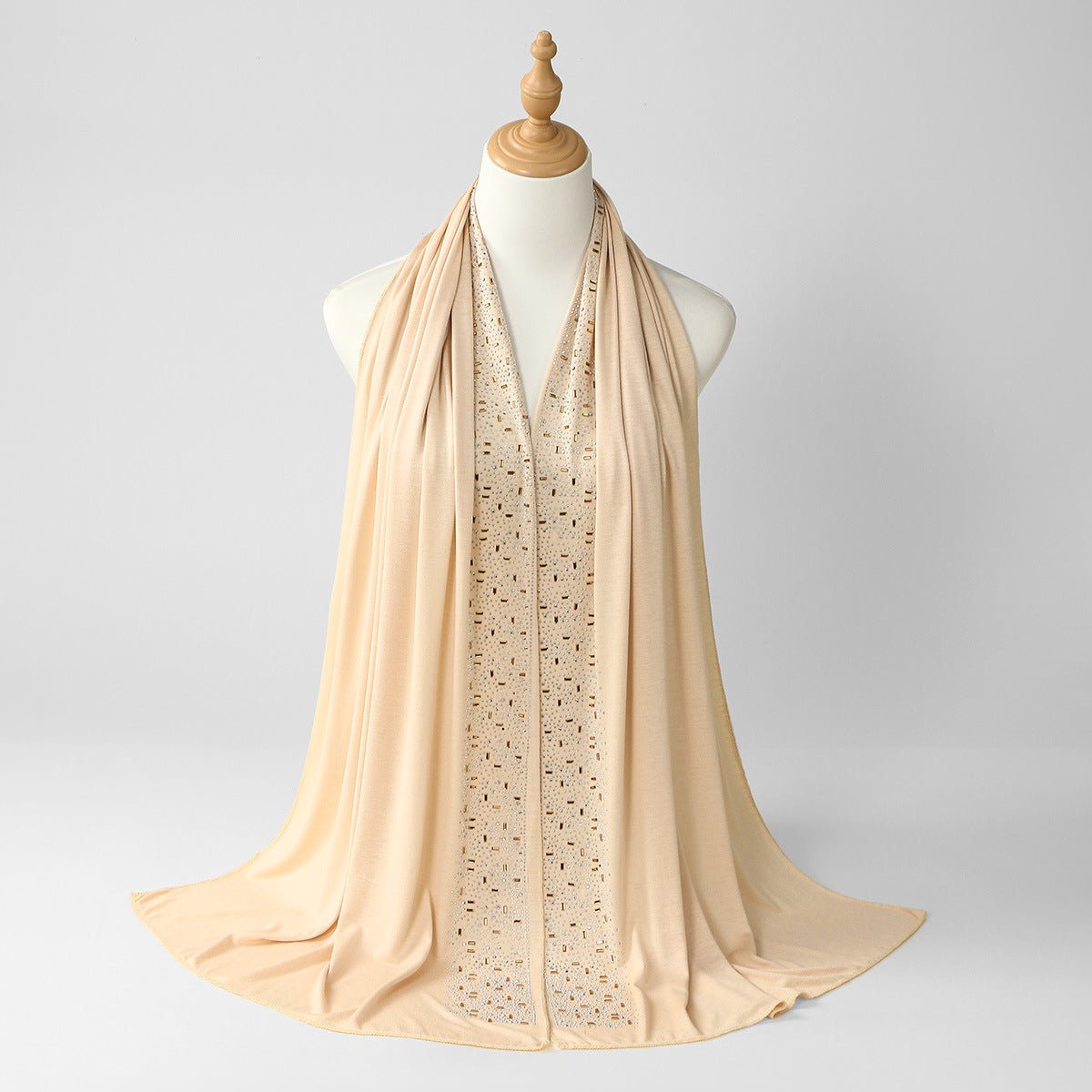 Rhinestone hijab scarf styled over plain undercap for occasion wear