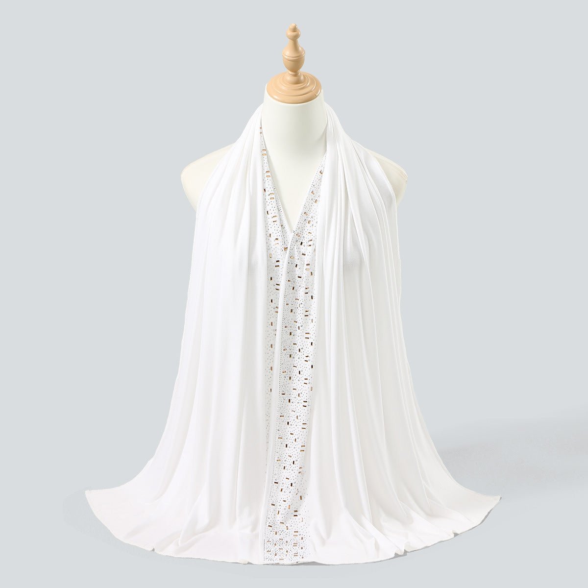 Full-length flat lay of crystal rhinestone hijab showing 170 cm embellished border