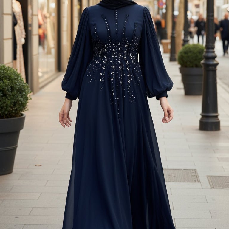 Crystal Hand - Embellished Chiffon Evening Abaya(MA356) - Mariam's Collection