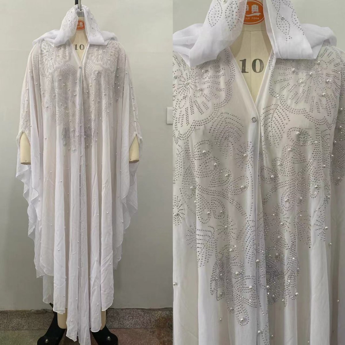 Crystal & Pearl Embellished Hooded Cape Abaya(MA366) - Mariam's Collection