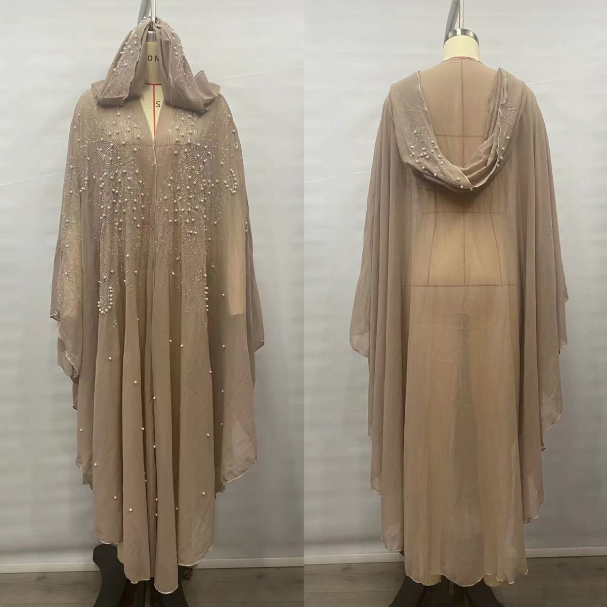 Crystal & Pearl Embellished Hooded Cape Abaya(MA366) - Mariam's Collection