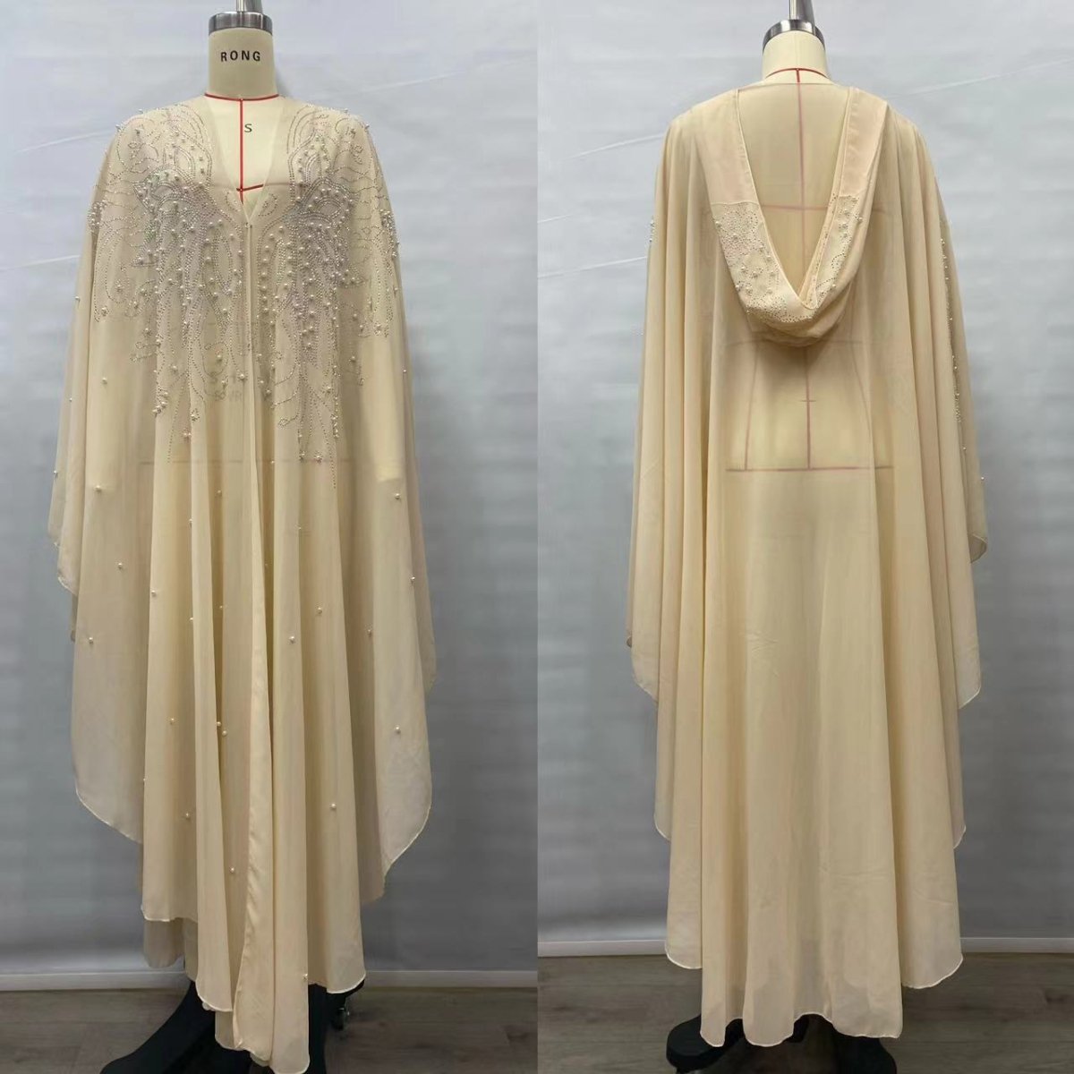 Crystal & Pearl Embellished Hooded Cape Abaya(MA366) - Mariam's Collection