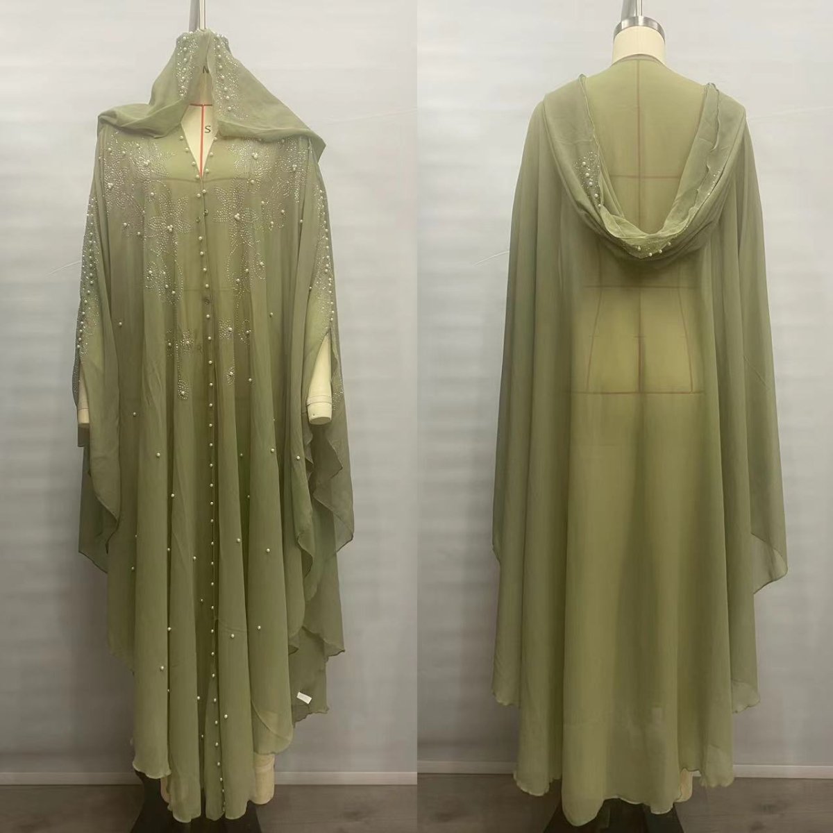 Crystal & Pearl Embellished Hooded Cape Abaya(MA366) - Mariam's Collection