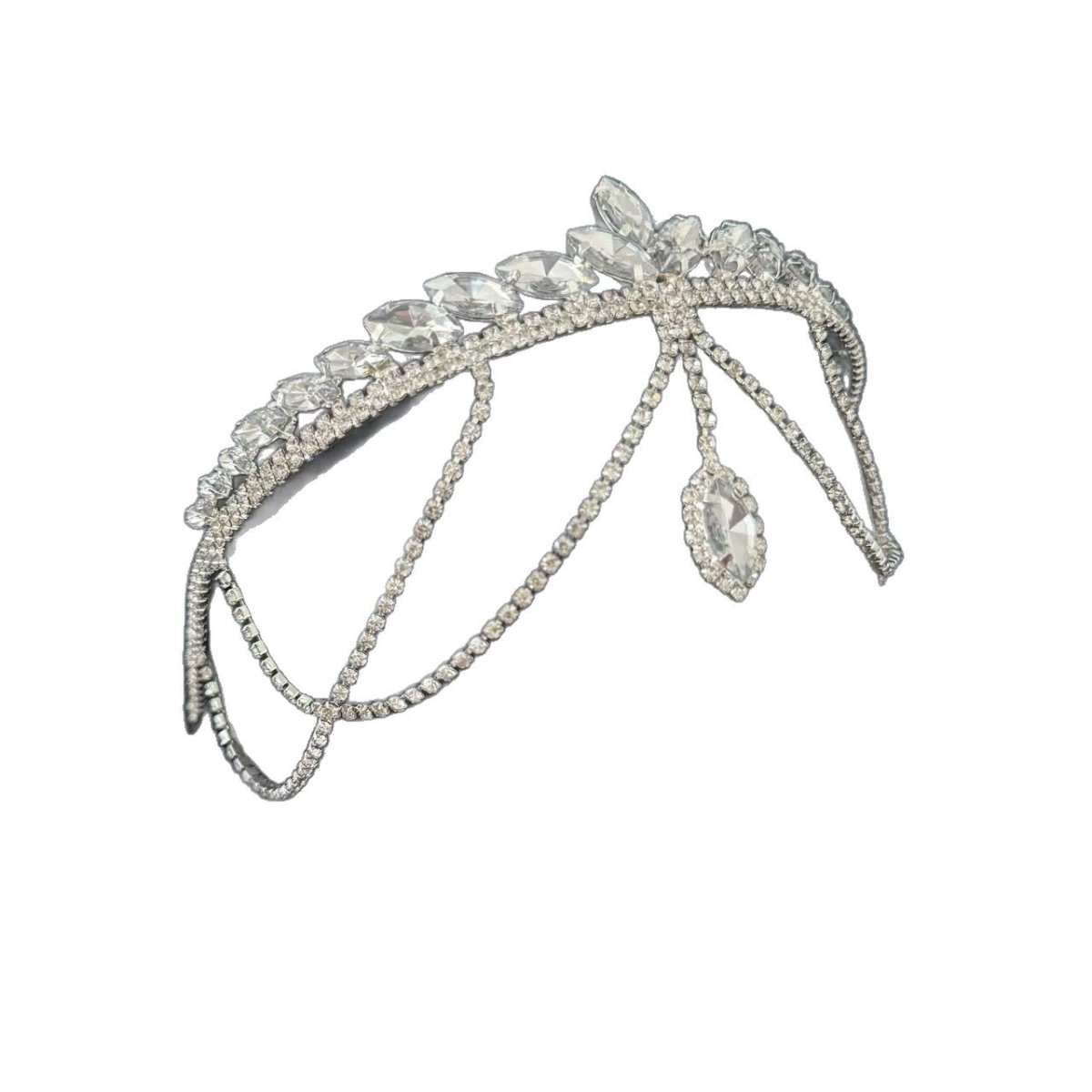 Crystal Tiara Headband with Cascading Forehead Chain (MAC330) - Mariam's Collection