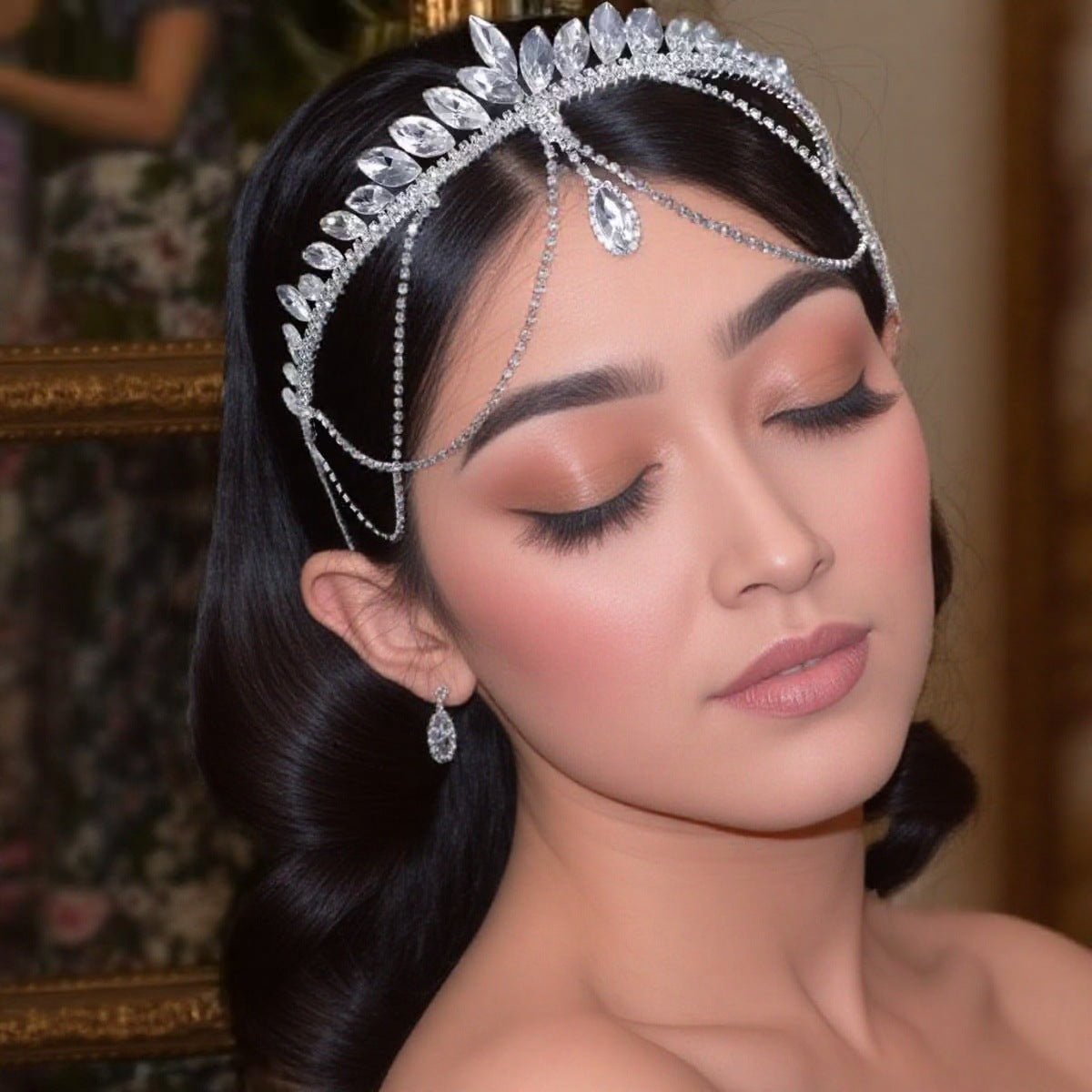 Crystal Tiara Headband with Cascading Forehead Chain (MAC330) - Mariam's Collection