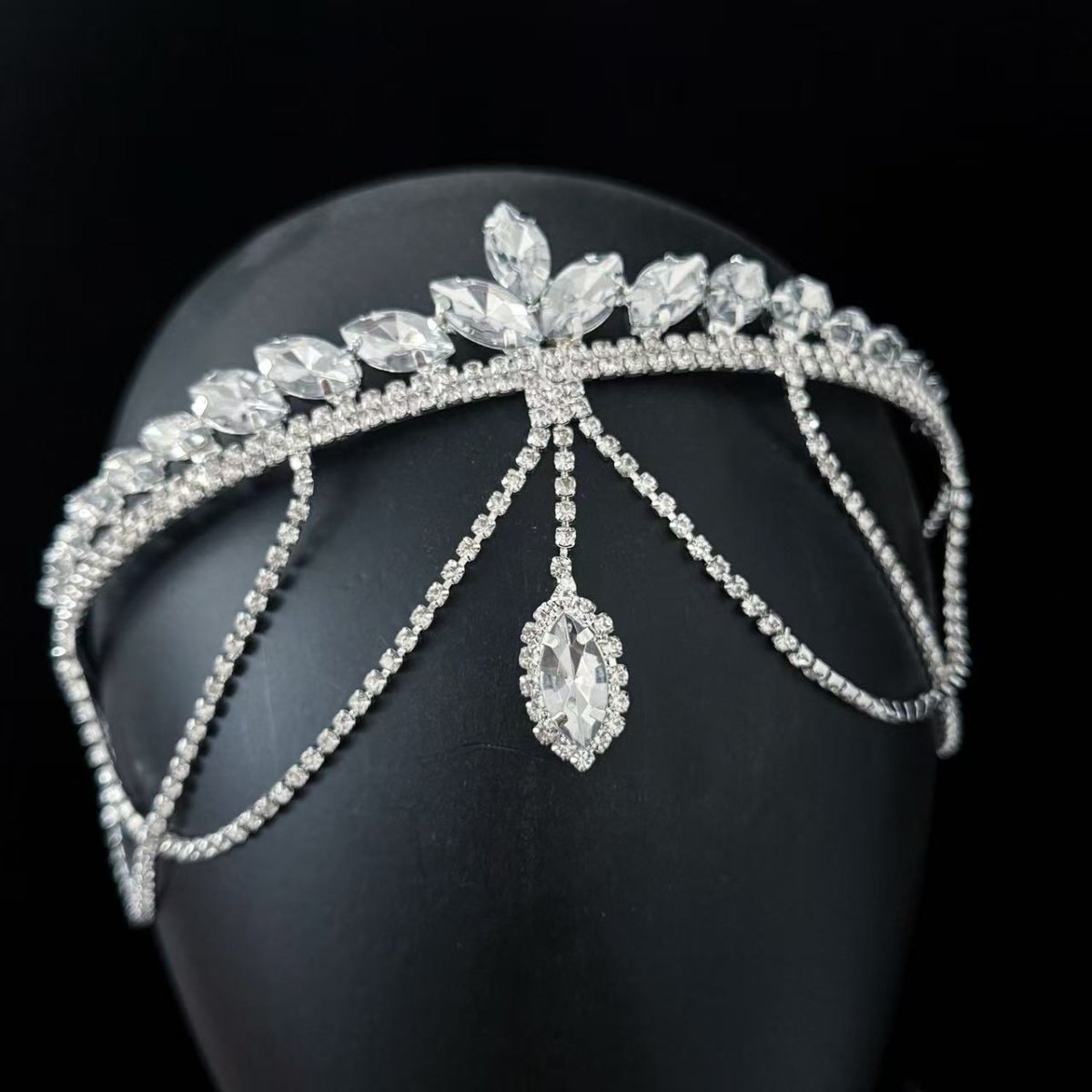 Crystal Tiara Headband with Cascading Forehead Chain (MAC330) - Mariam's Collection