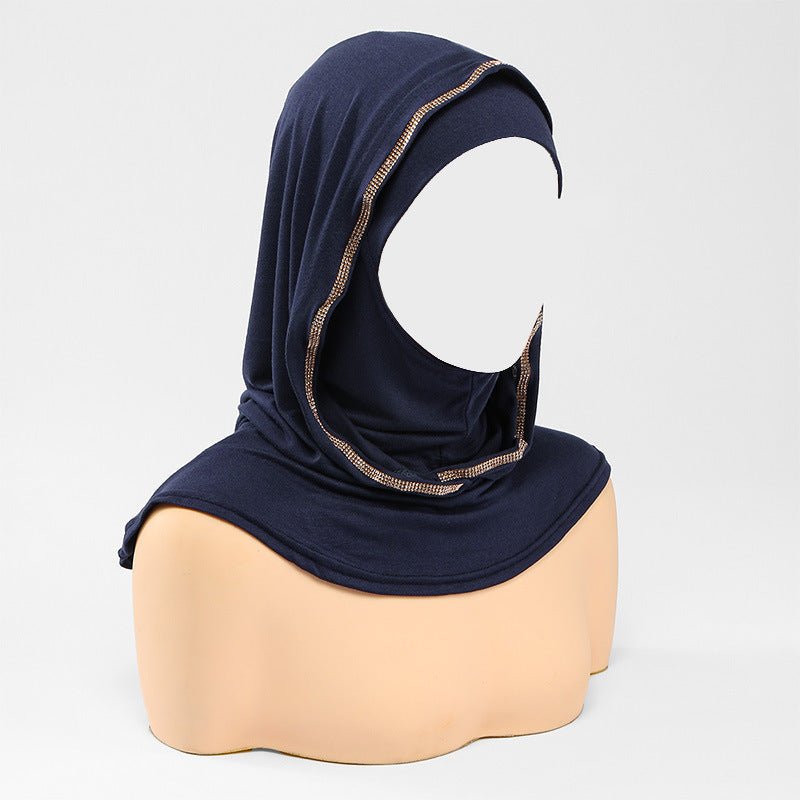 Rhinestone hijab cap paired with modest neutral outfit