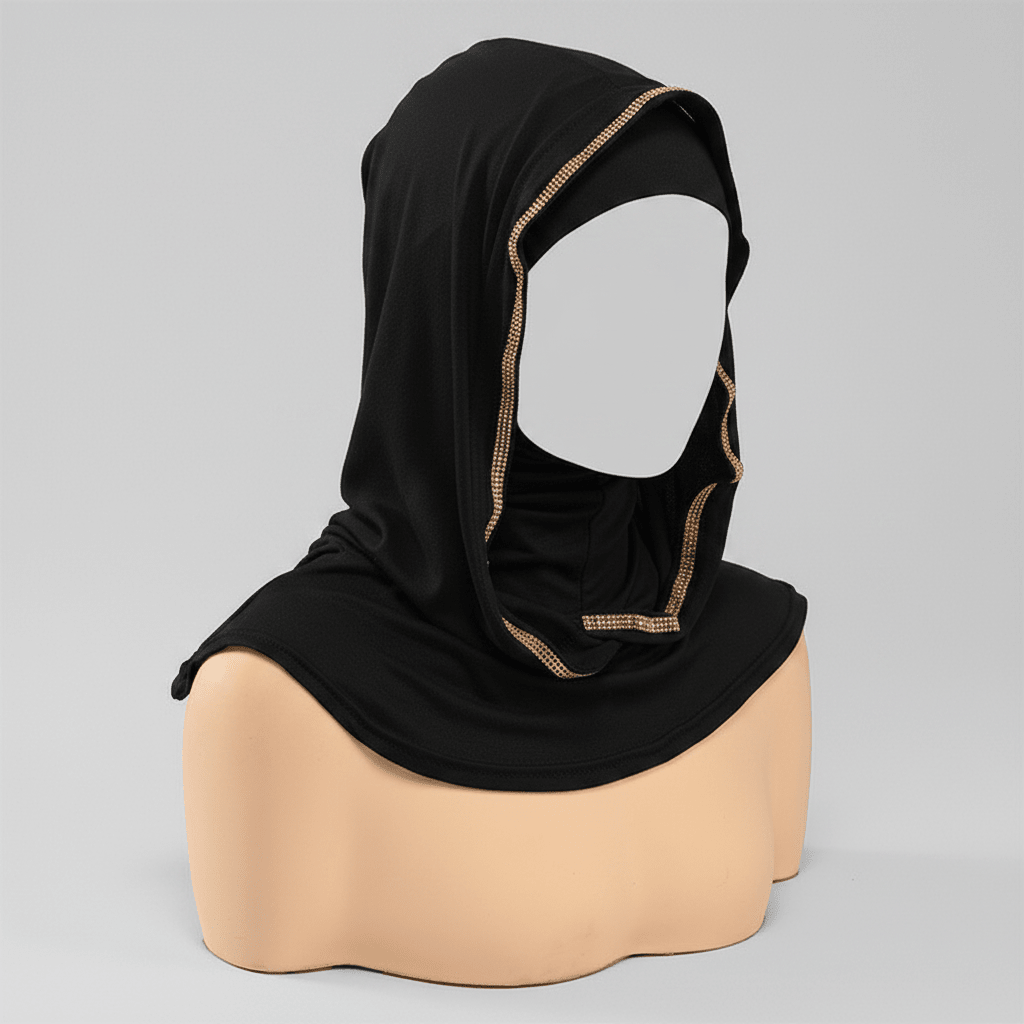 Flat lay of camel instant hijab cap with jewelled trim