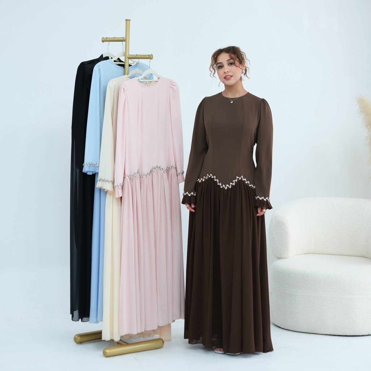 Back view of crystal-trim maxi dress with hidden zip
