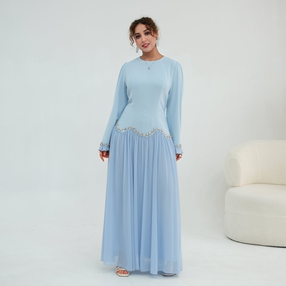 Crystal-Trim Ruffle Cuffs Maxi Dress(MS458) - Mariam's Collection