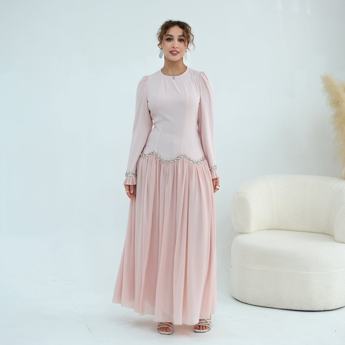Crystal-Trim Ruffle Cuffs Maxi Dress(MS458) - Mariam's Collection