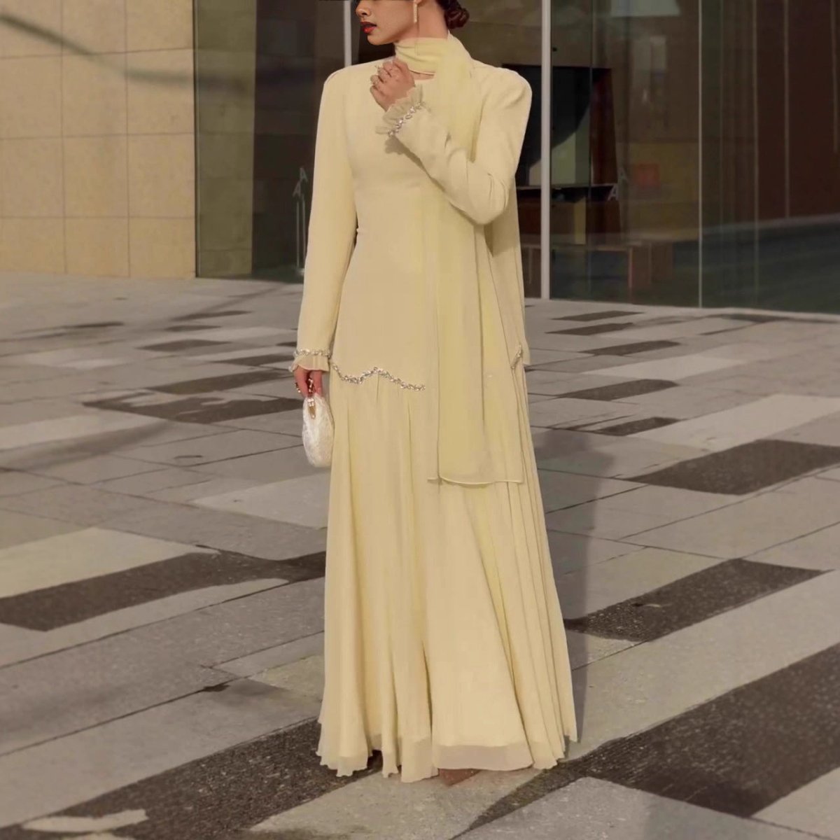 Crystal Waist Chain Dress with Ruffle Cuffs(MS306) - Mariam's Collection