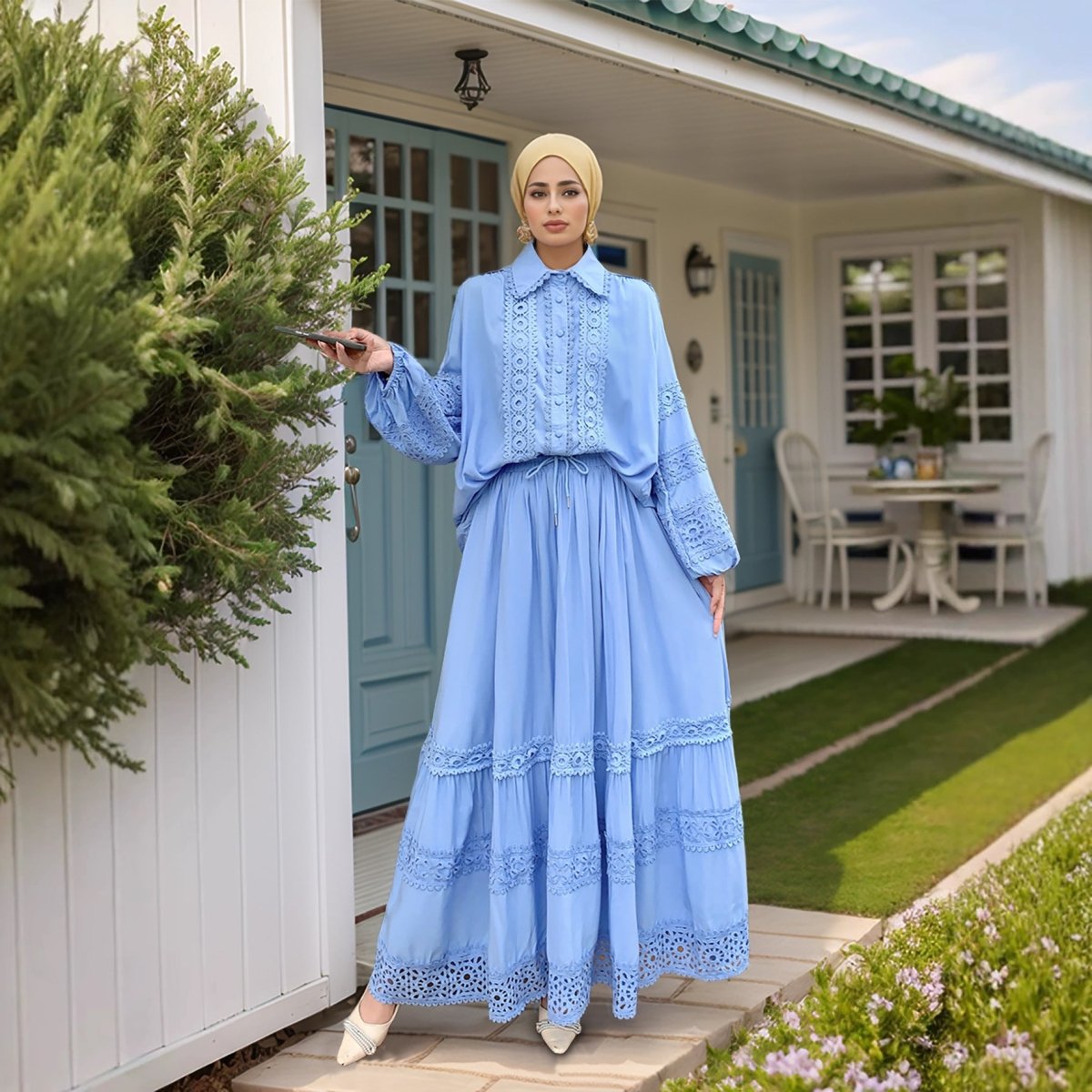 Cutwork Lace Blouse & Tiered Maxi Skirt Set — Victorian Inspired Modest Set