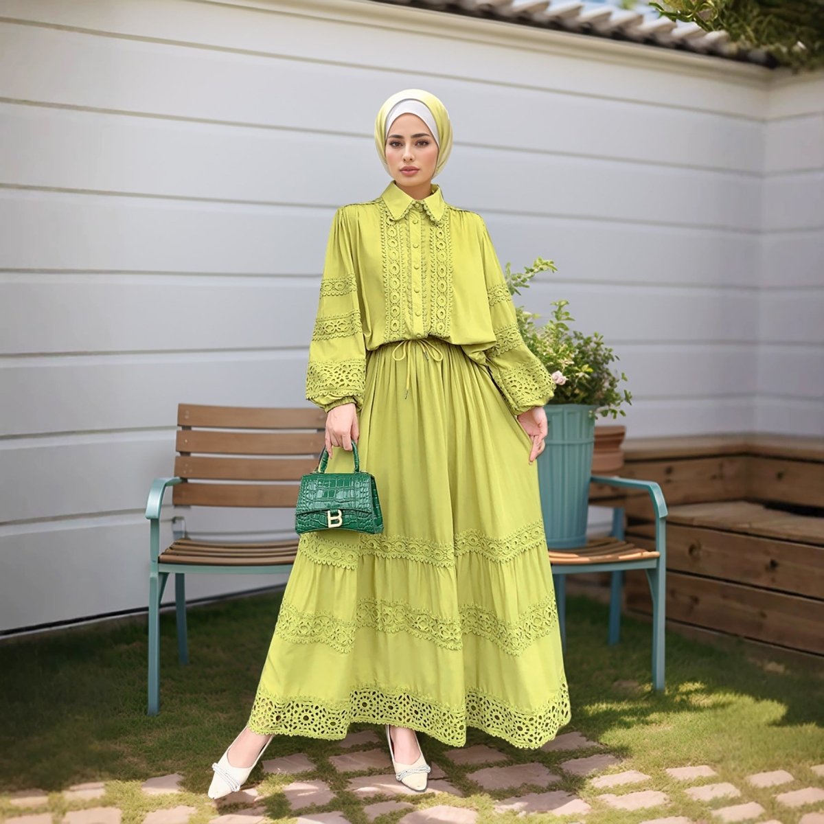 Cutwork Lace Blouse & Tiered Maxi Skirt Set — Victorian Inspired Modest Set