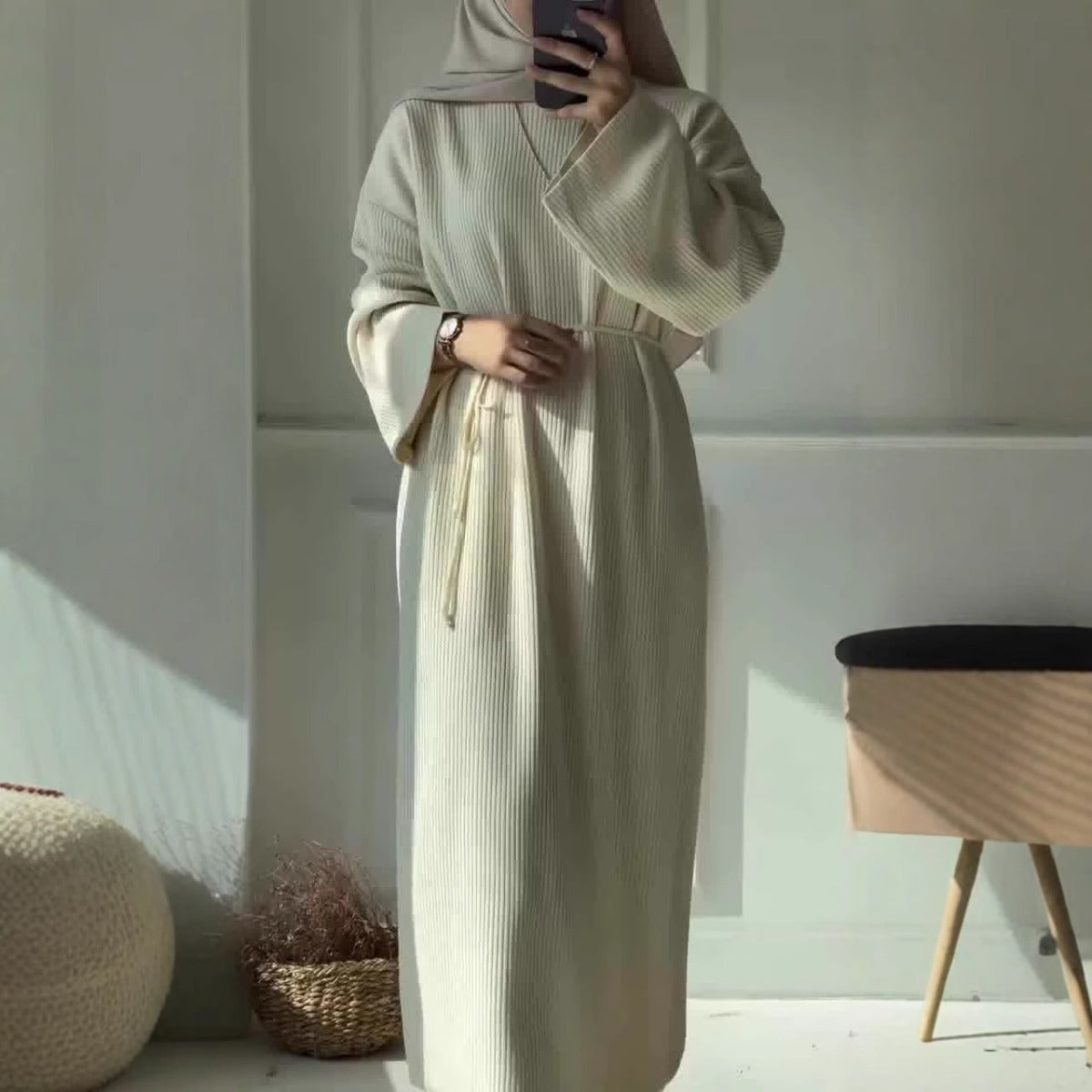 Casual Knitted Modest Dress with Flared Sleeves - Muslim-Friendly Crew Neck Pullover Maxi Dress with Belt(MS104)