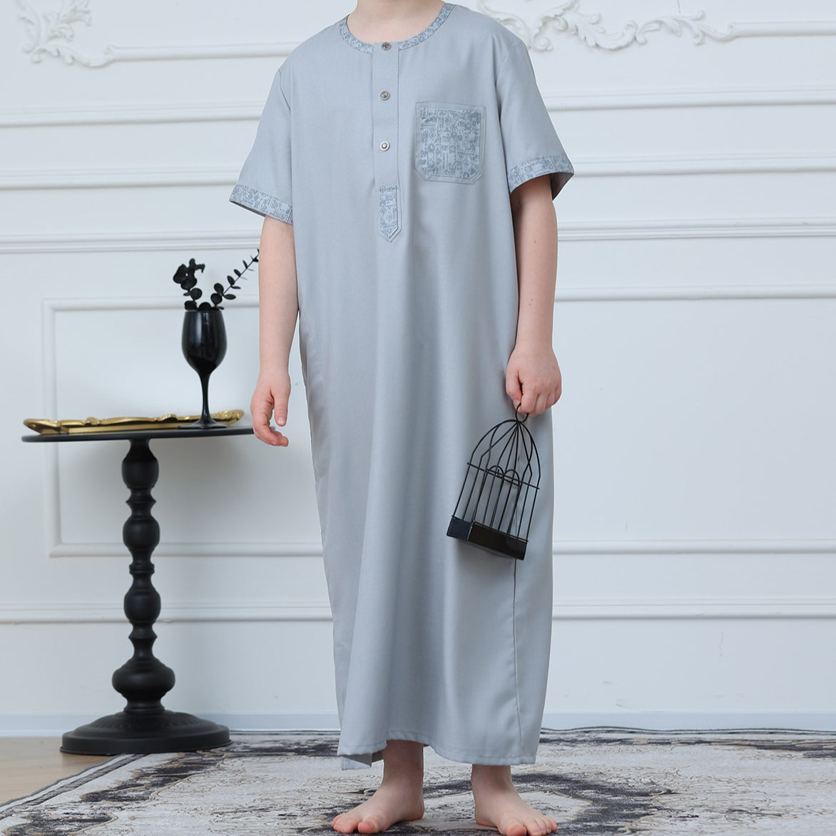 Boys Light Grey Short Sleeve Embroidered Thobe(MKB020)