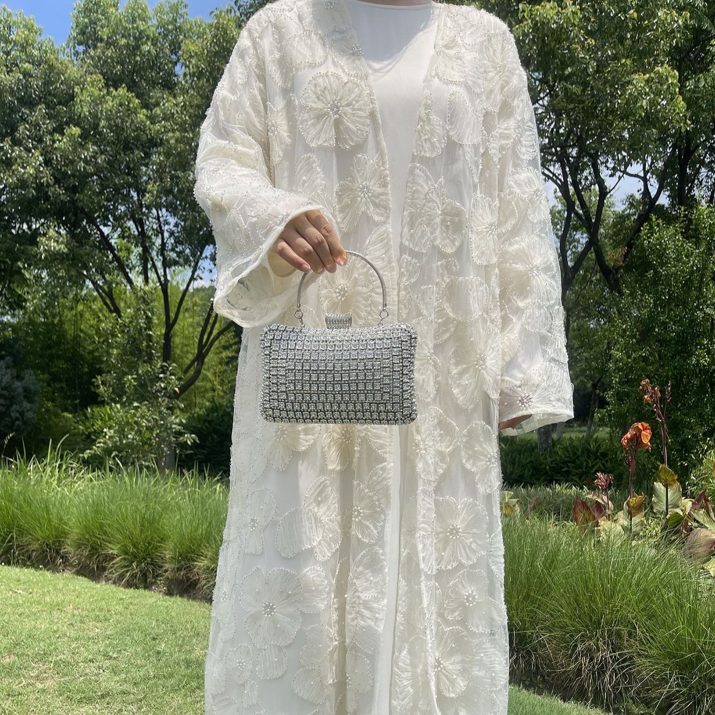 Mesh Flower Bead Open Abaya and Satin Interior Dress 2-Piece Set  | Elegant Muslim Wedding Guest Outfit(MOA222)