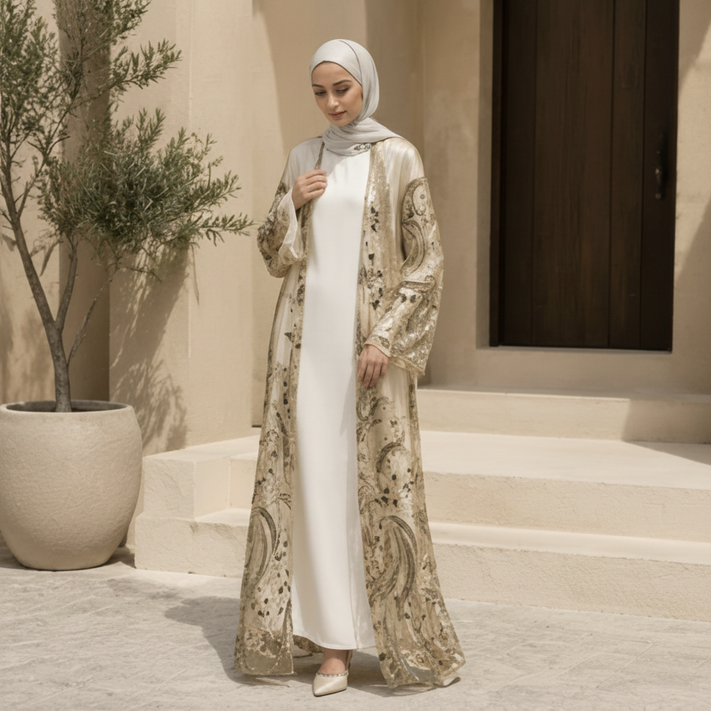 Luxus-Abaya mit handgefertigten Pailletten und Stickereien für Eid & Hochzeiten (MOA305)