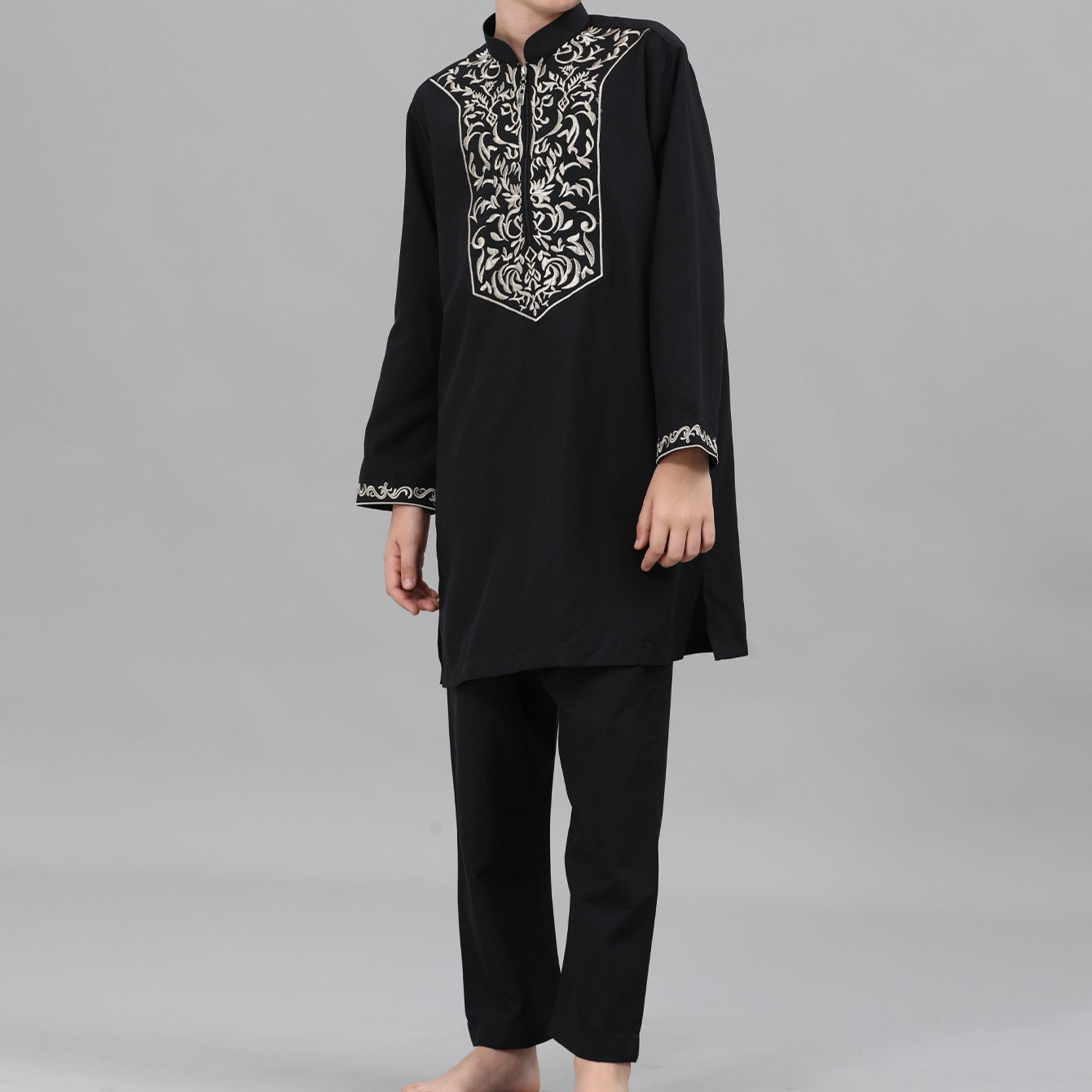 Boys Black Embroidered Tunic & Pants Set(MKB021)