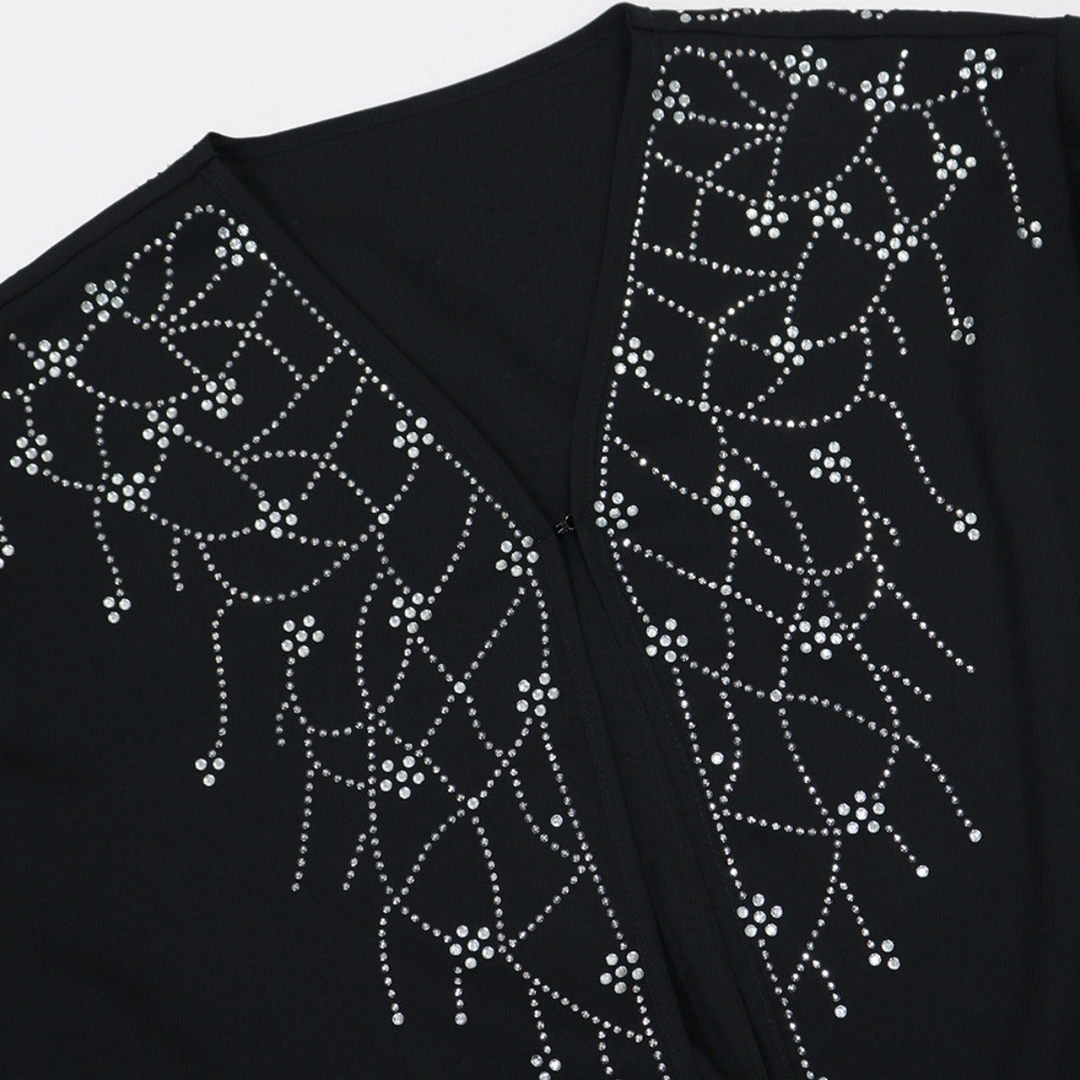 Modest Muslim Loose Fit Black Diamond Embellished V-Neck Abaya Dress(MOA)