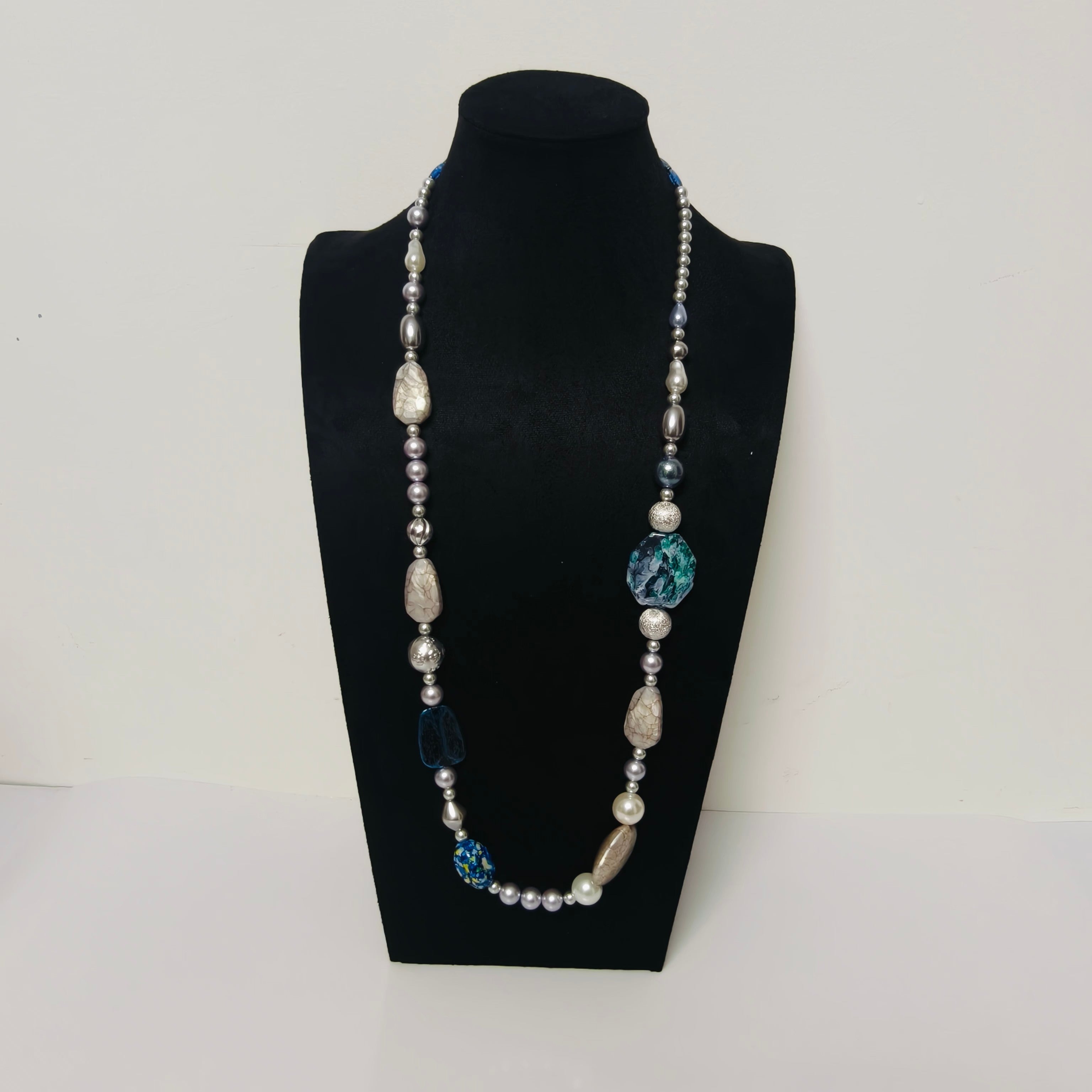 Handmade Resin & Shell Bead Necklace |  Artistic Beaded Statement Necklace |  Long Lightweight Boho Jewelry for Women (MAC346)