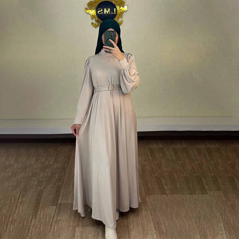 Solid Color Round Neck Belted Abaya | Puff Sleeve Button Cuff Maxi Dress with Belt(MA305)
