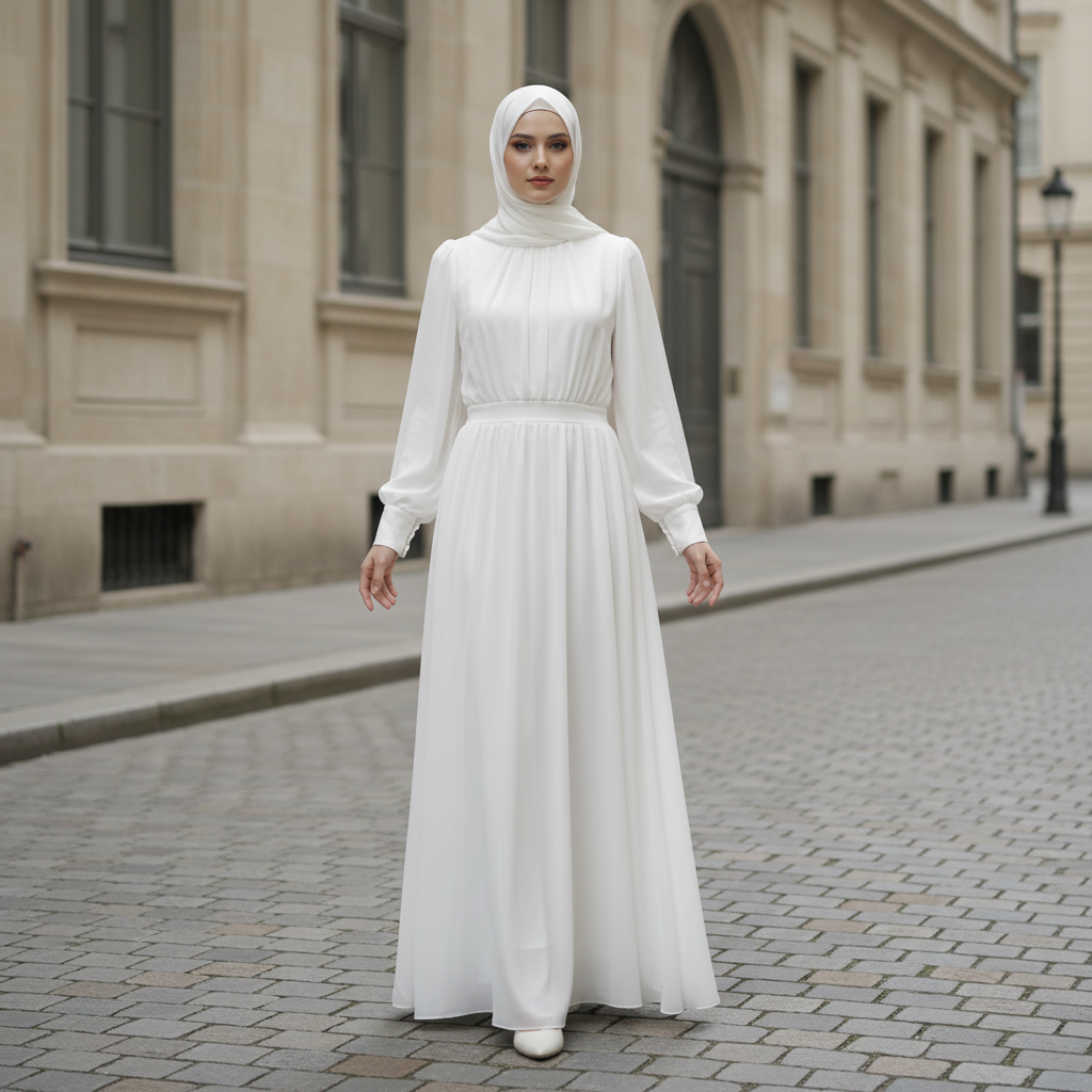 White Chiffon Princess Dress Abaya with Lantern Sleeves | Elegant Spring Fairy Swing French Court-Style Abaya (MA180)
