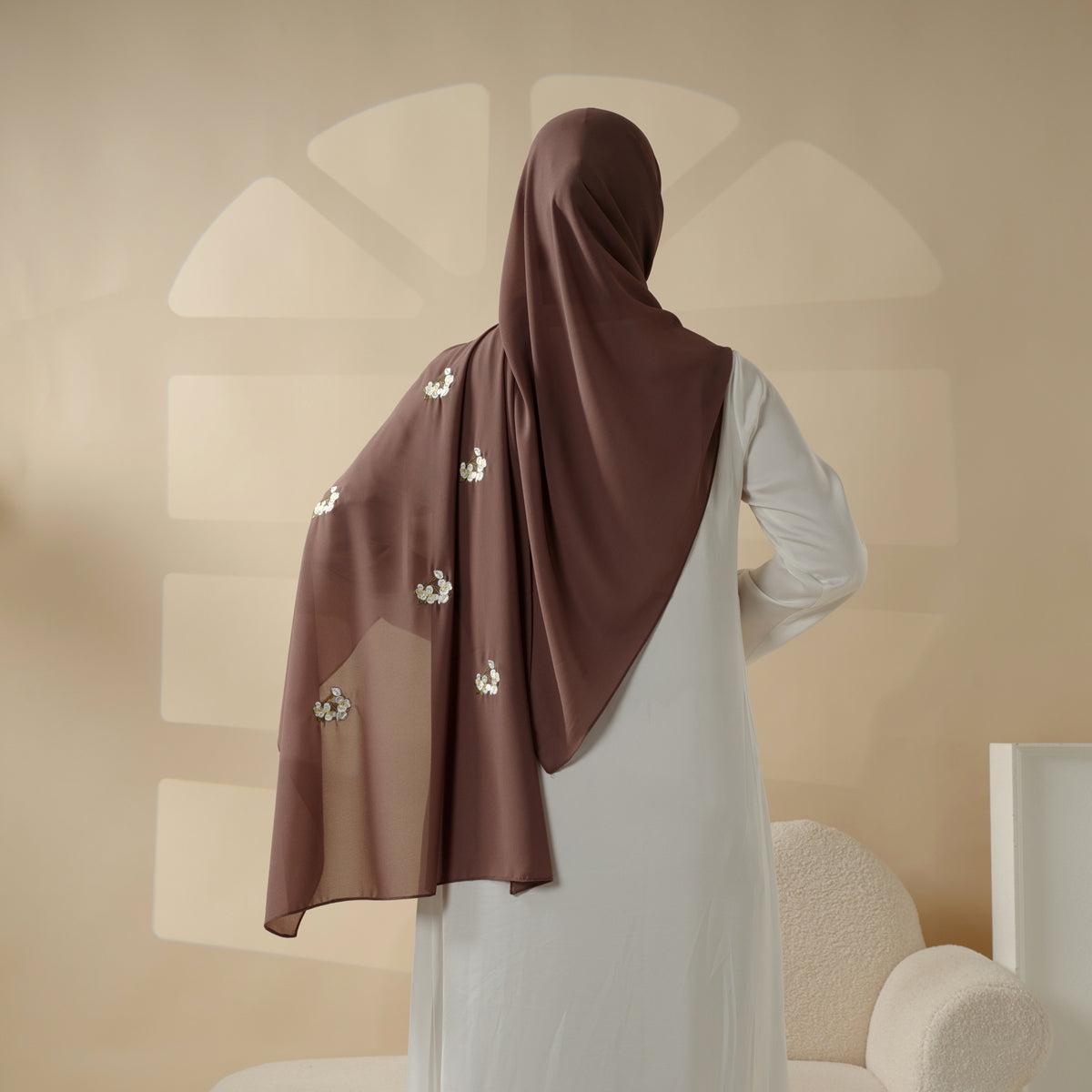 Plain Chiffon Shawl Hijab With Embroidery, Extra-Fine Embroidered Hijab (MH077)