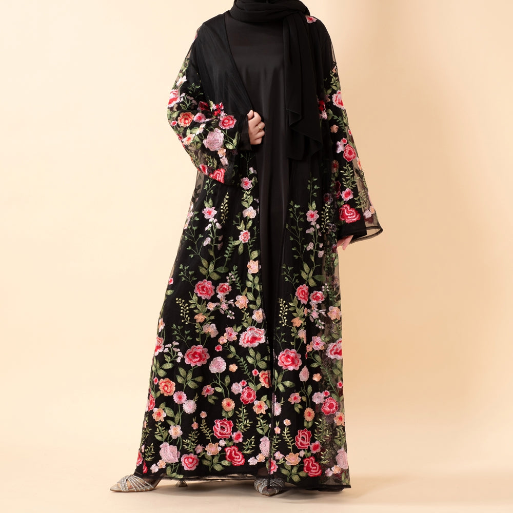 3D-Style Rose Garden Embroidered Open Abaya (MOA275)