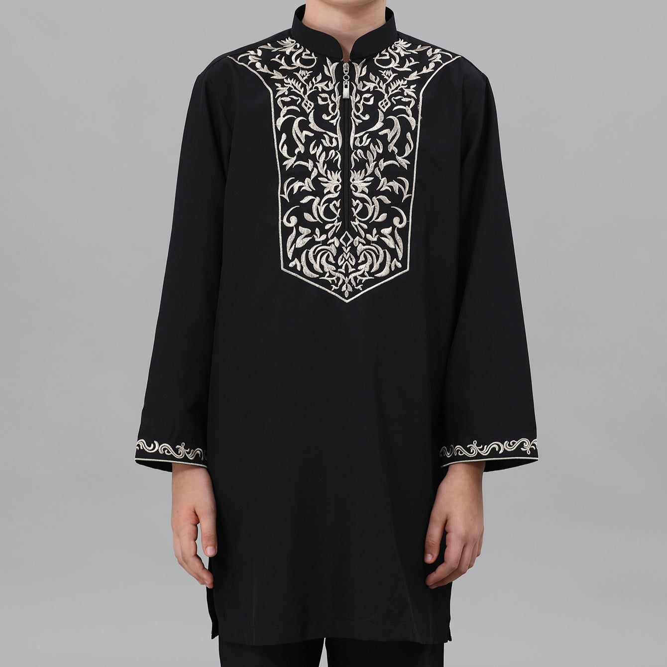 Boys Black Embroidered Tunic & Pants Set(MKB021)