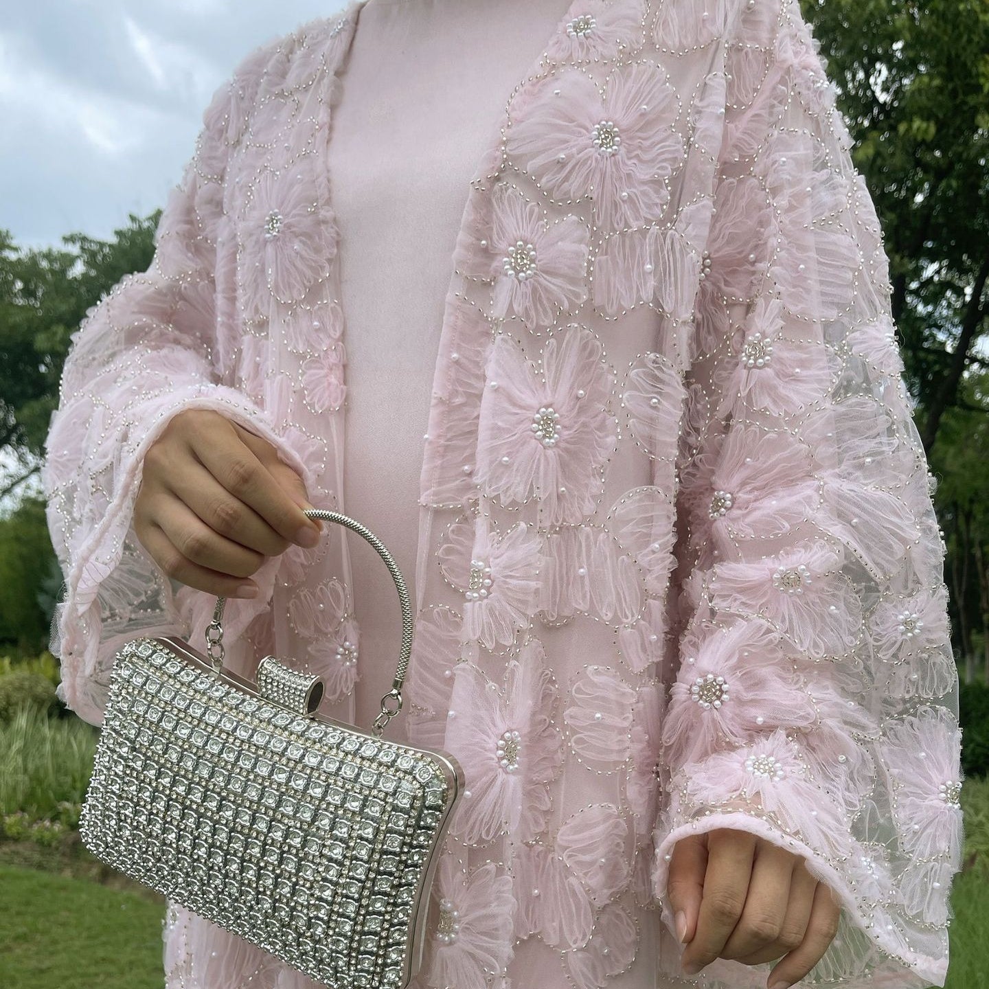 Mesh Flower Bead Open Abaya and Satin Interior Dress 2-Piece Set  | Elegant Muslim Wedding Guest Outfit(MOA222)