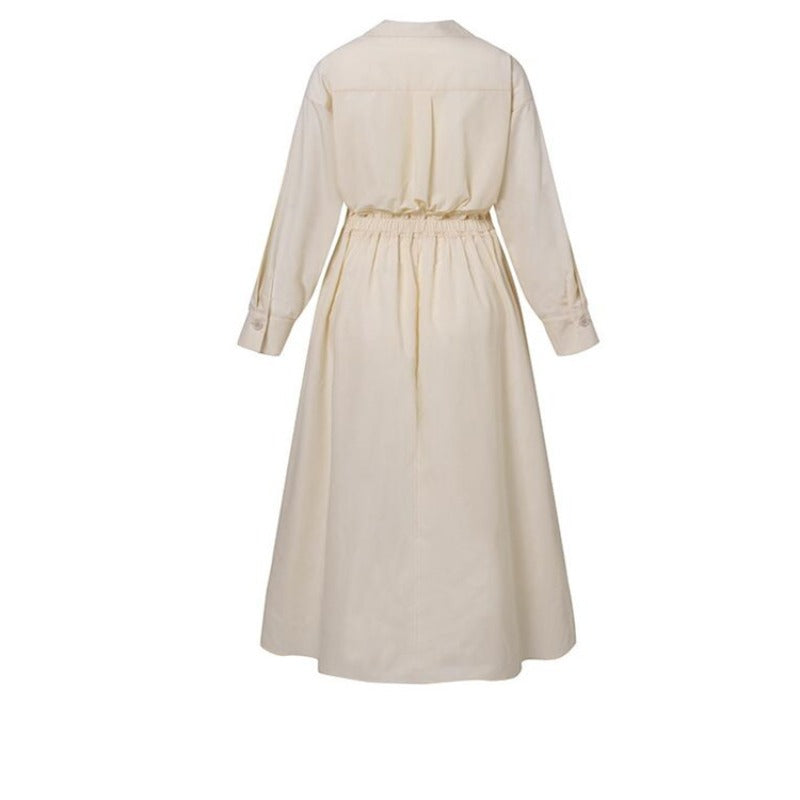 Cotton Linen Polo Collar Long Sleeve Maxi Dress(MS116)