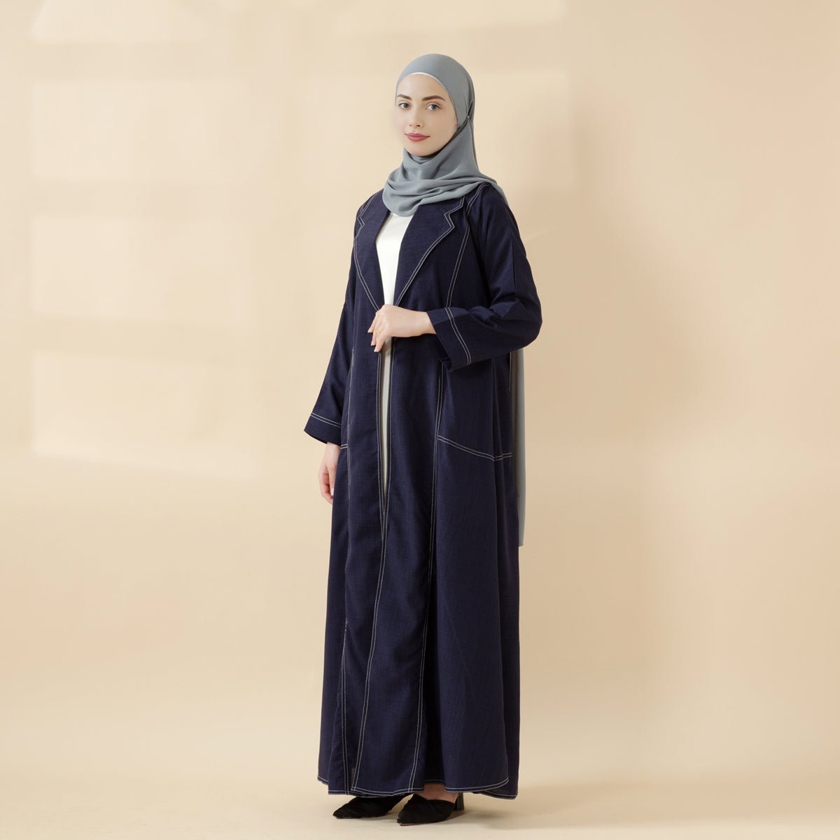 Denim Blue Contrast Stitching Minimalist Trench Coat Thin Open Abaya (MOA121) - Mariam's Collection