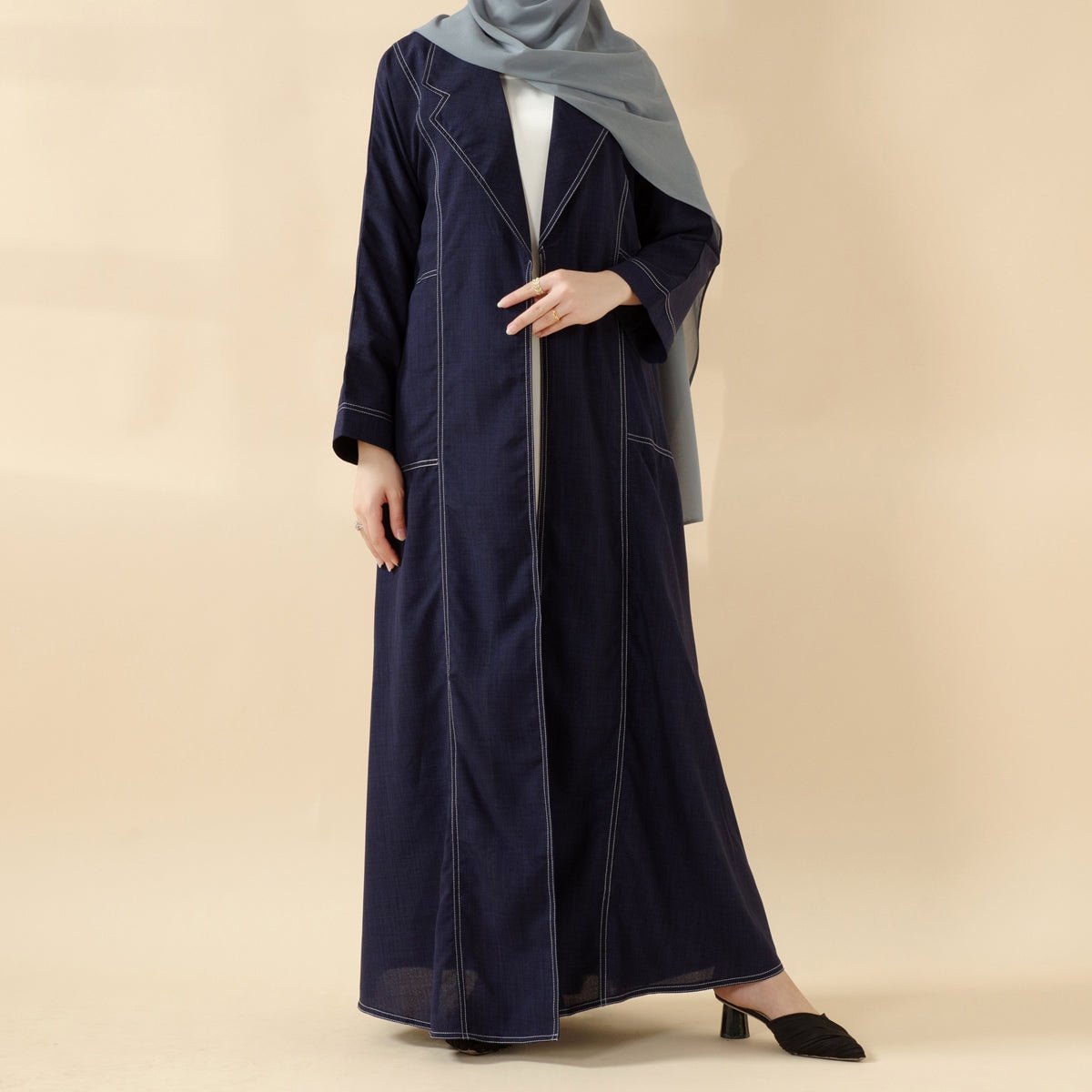 Denim Blue Contrast Stitching Minimalist Trench Coat Thin Open Abaya (MOA121) - Mariam's Collection
