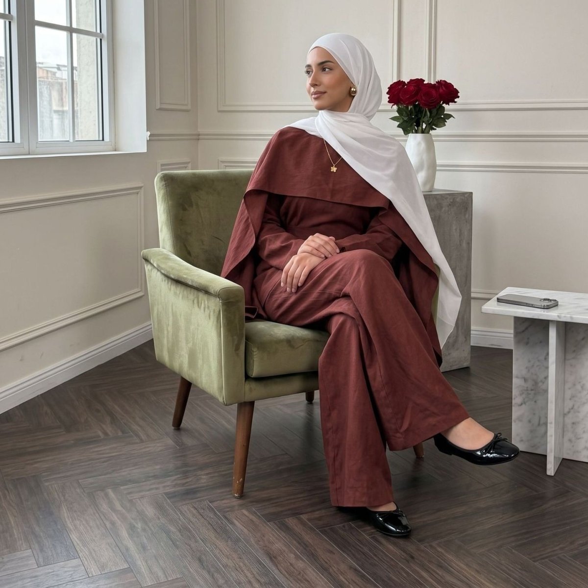 Detachable Shawl Long-Sleeve Top & Wide-Leg Trousers Three-Piece Co-ord Set(MS487) - Mariam's Collection