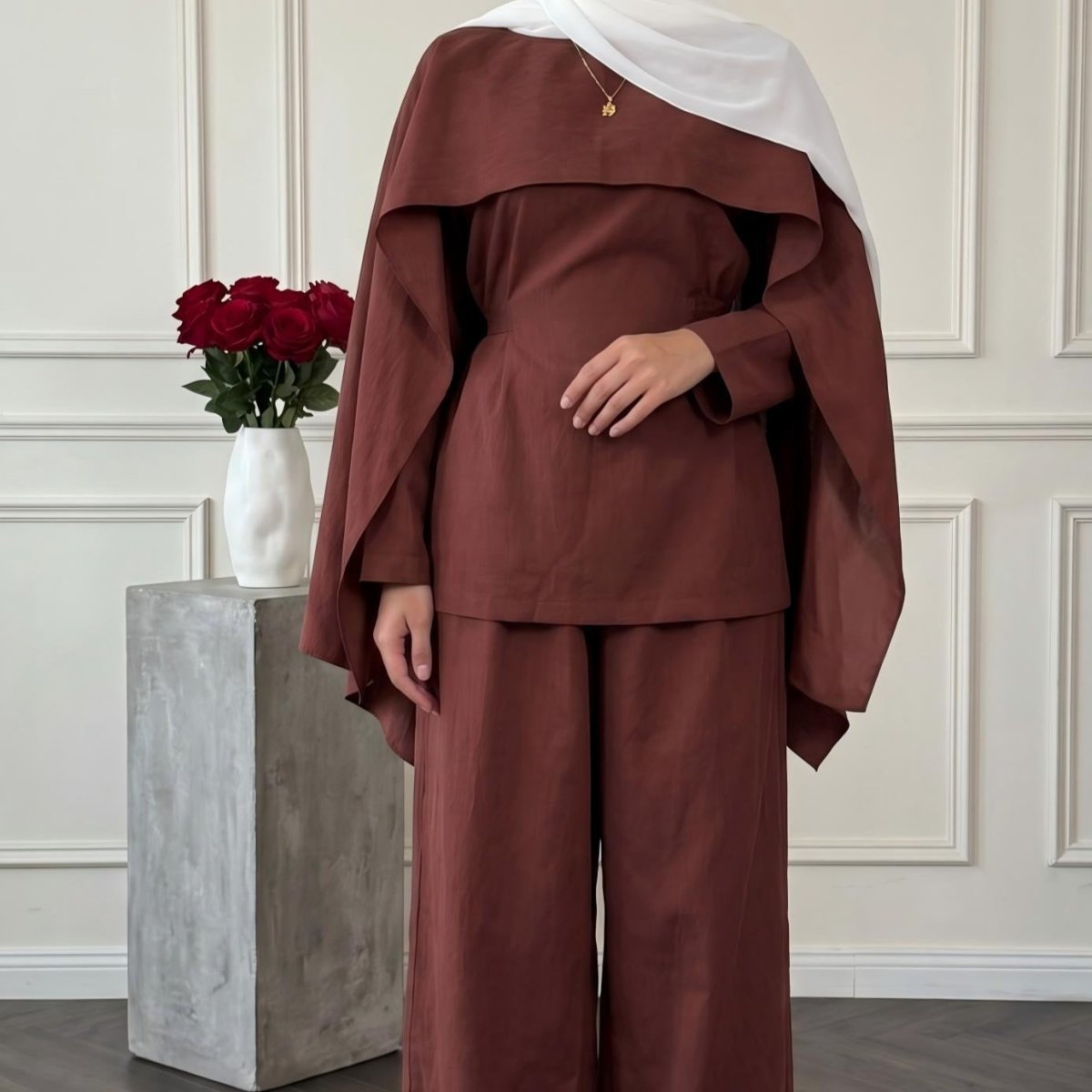 Detachable Shawl Long-Sleeve Top & Wide-Leg Trousers Three-Piece Co-ord Set(MS487) - Mariam's Collection