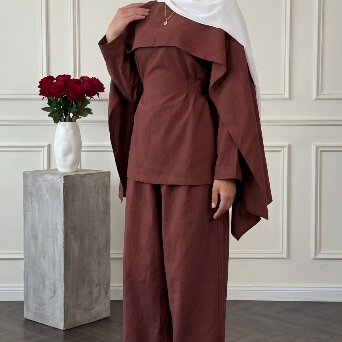 Detachable Shawl Long-Sleeve Top & Wide-Leg Trousers Three-Piece Co-ord Set(MS487) - Mariam's Collection