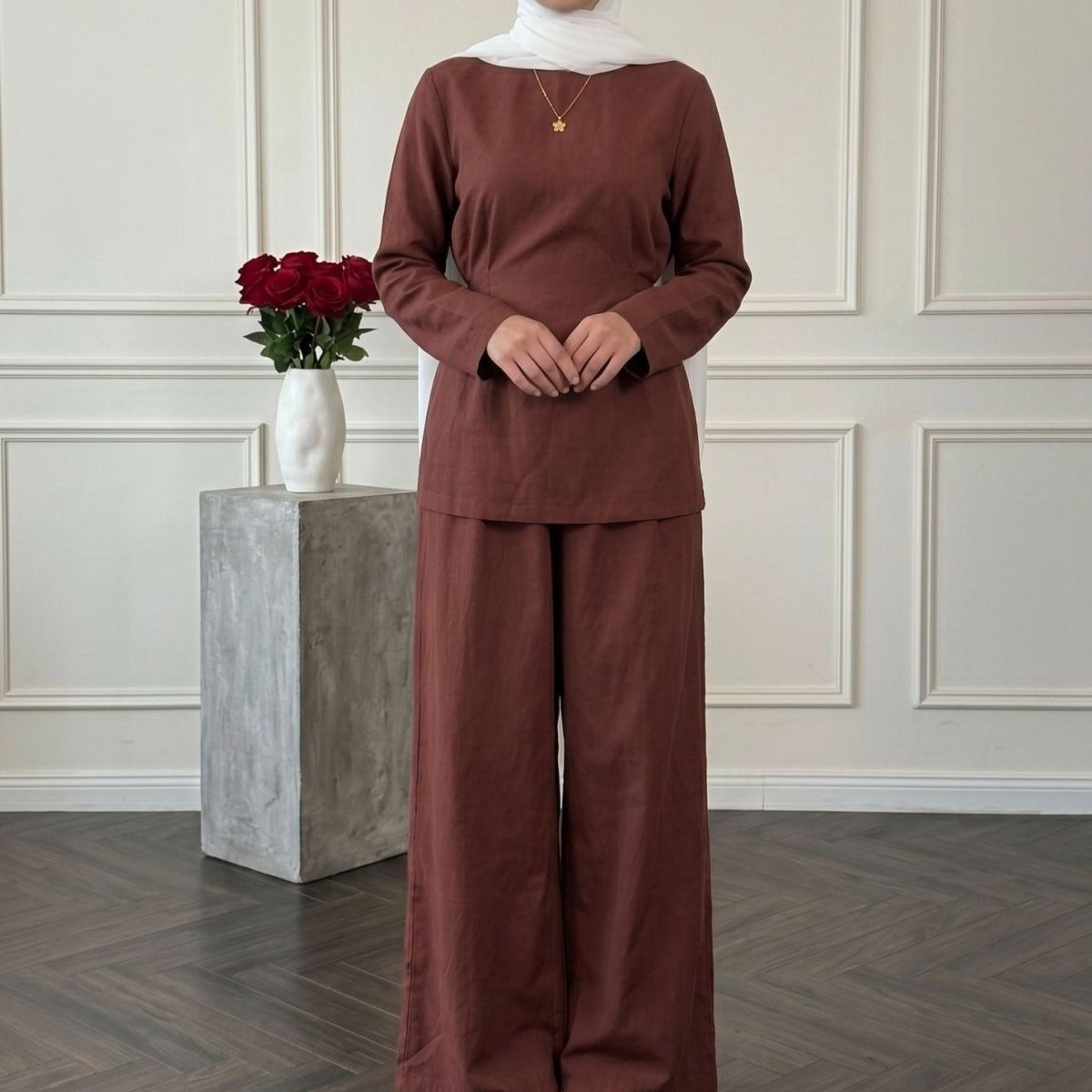 Detachable Shawl Long-Sleeve Top & Wide-Leg Trousers Three-Piece Co-ord Set(MS487) - Mariam's Collection